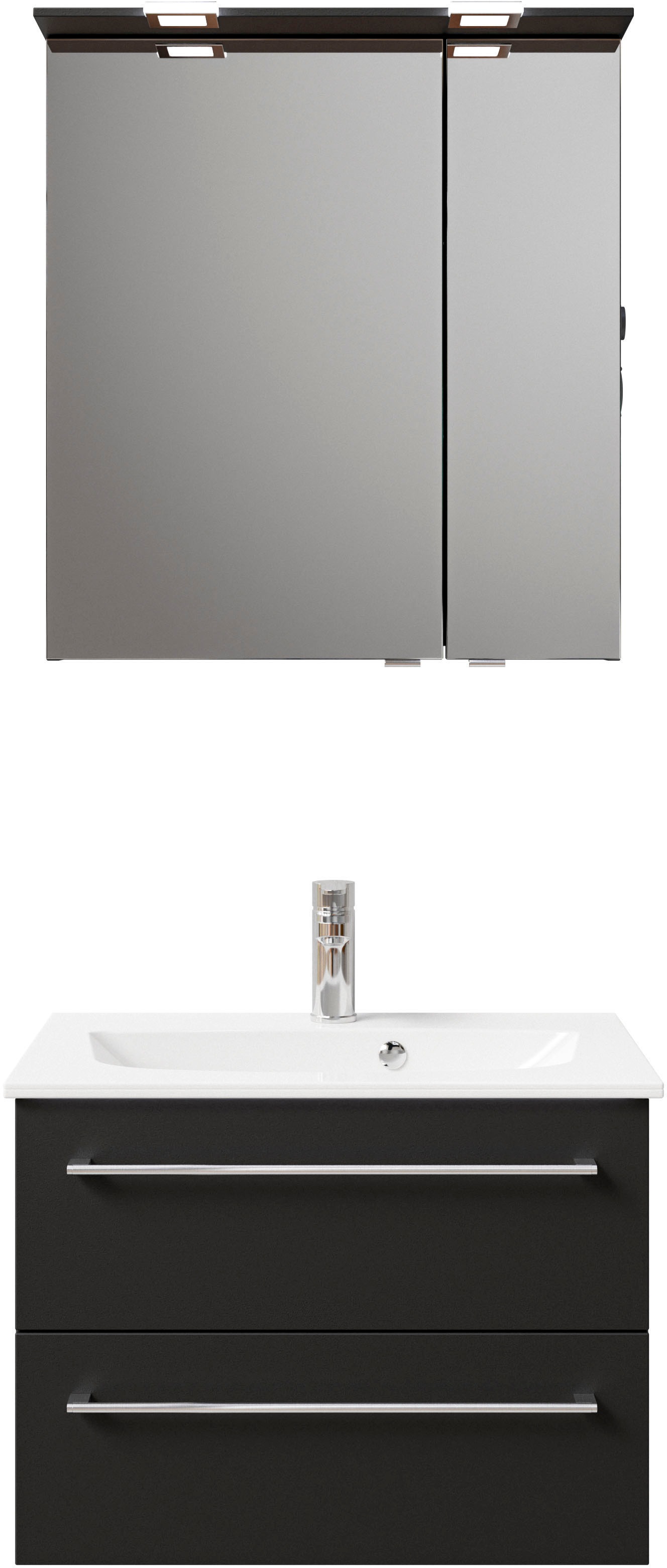 Saphir Badmöbel-Set »Serie 6025 2-teilig Mineralmarmor-Waschtisch mit LED-Spiegelschrank«, (2 St.), Waschplatz 67 cm breit, 2 Schubladen, 2 Spiegel-Türen, inkl Türdämpfer