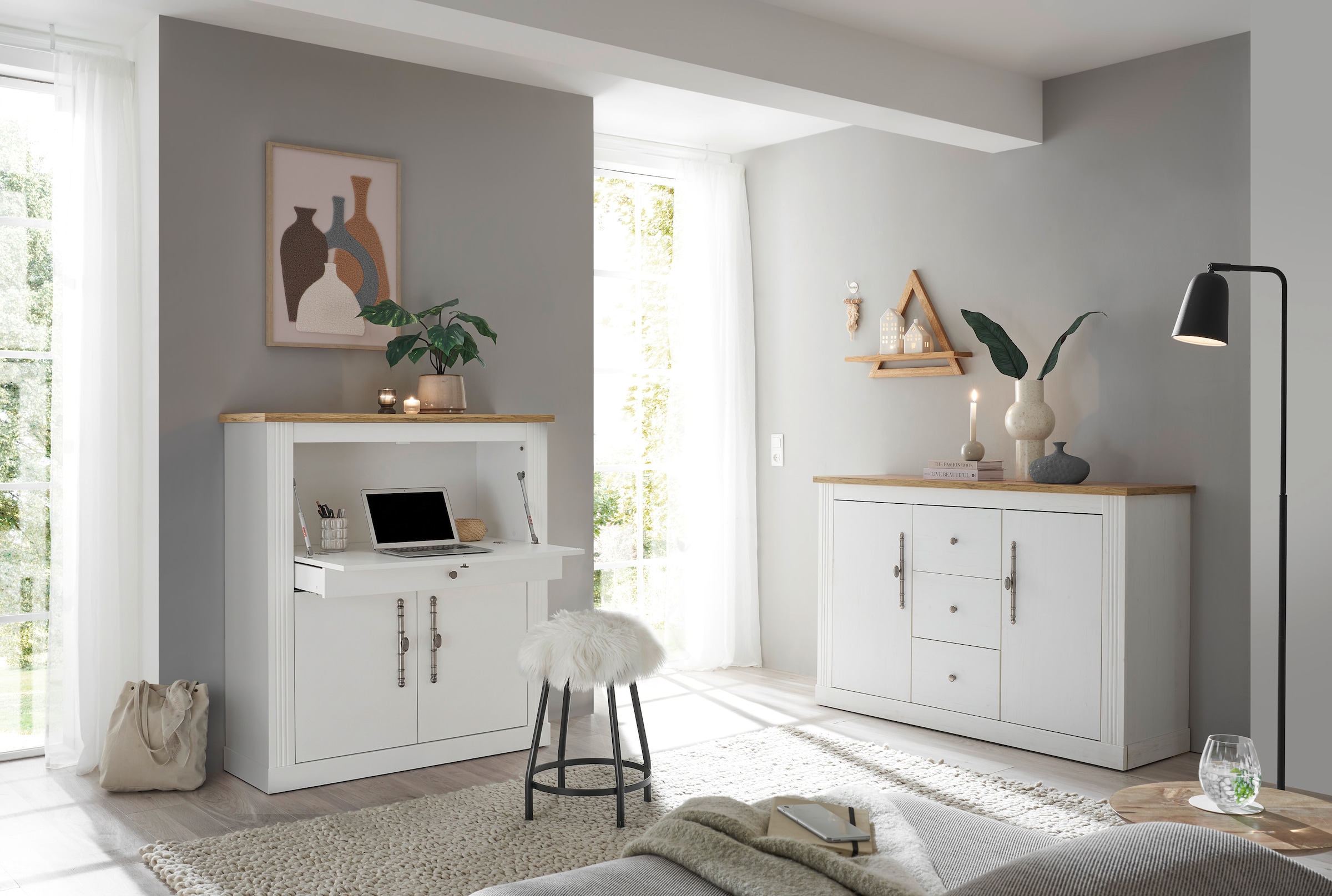 OTTO home Büromöbel-Set »Westminster, wohnliches Home-Office, Büro in zwei Farben verfügbar« Set, 2 tlg. enthält Sekretär und Sideboard im Landhausstil, mit Kabelkanal