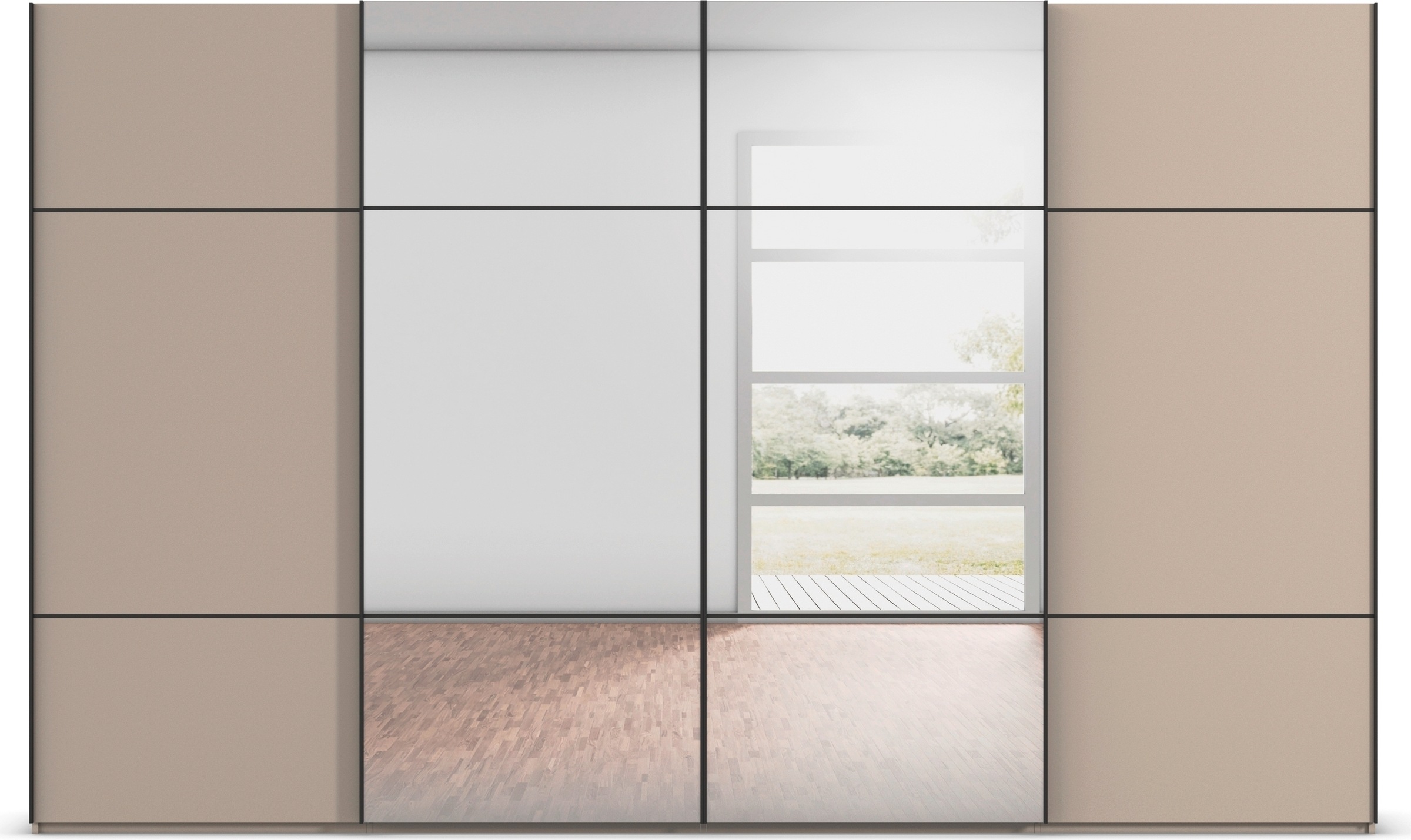 rauch Schwebetürenschrank »Kleiderschrank Schrank Garderobe Schlafzimmerschrank SCALE-TRIO«, edle dreigeteilte Front mit 2 Zierleisten und Spiegel MADE IN GERMANY