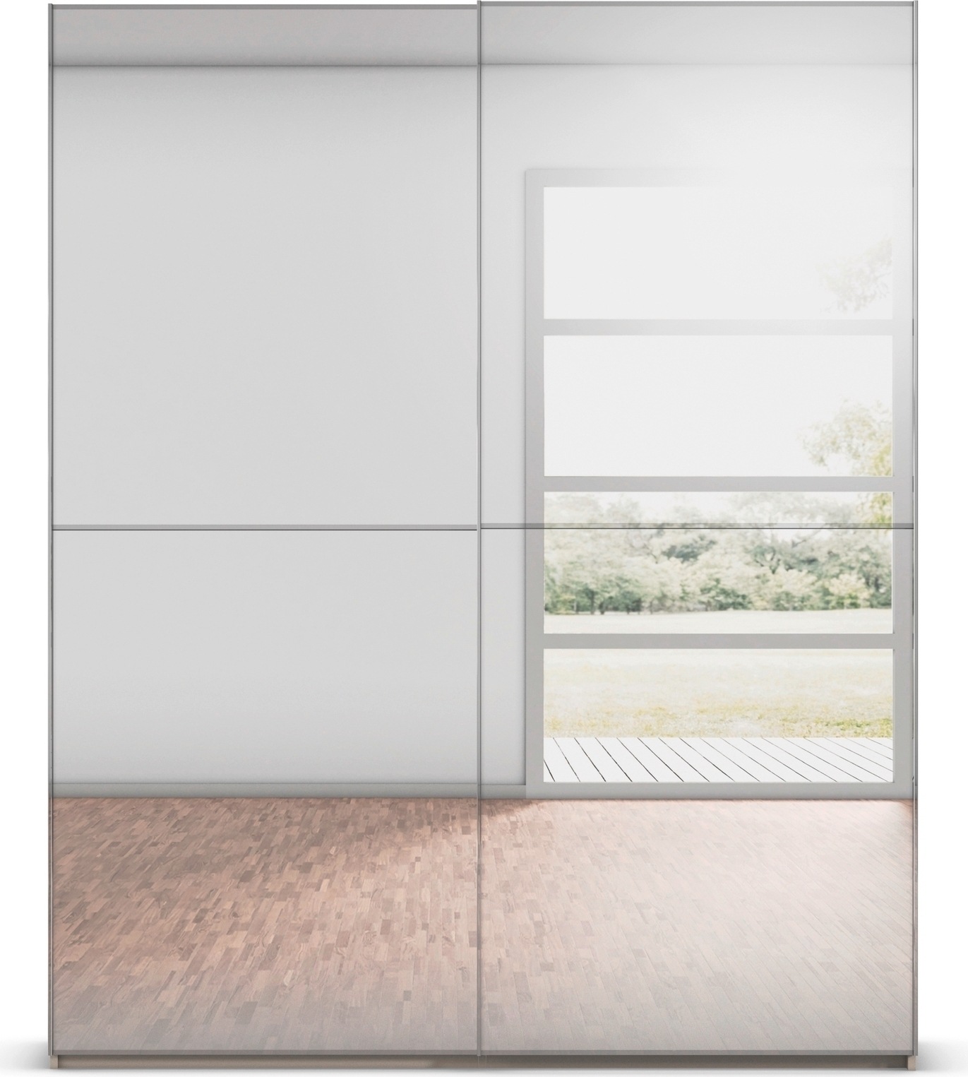 rauch Schwebetürenschrank »Kleiderschrank Schrank Garderobe Schlafzimmerschrank SCALE-DUO«, edle zweigeteilte Türen Spiegelfront und 3 Zierleisten MADE IN GERMANY