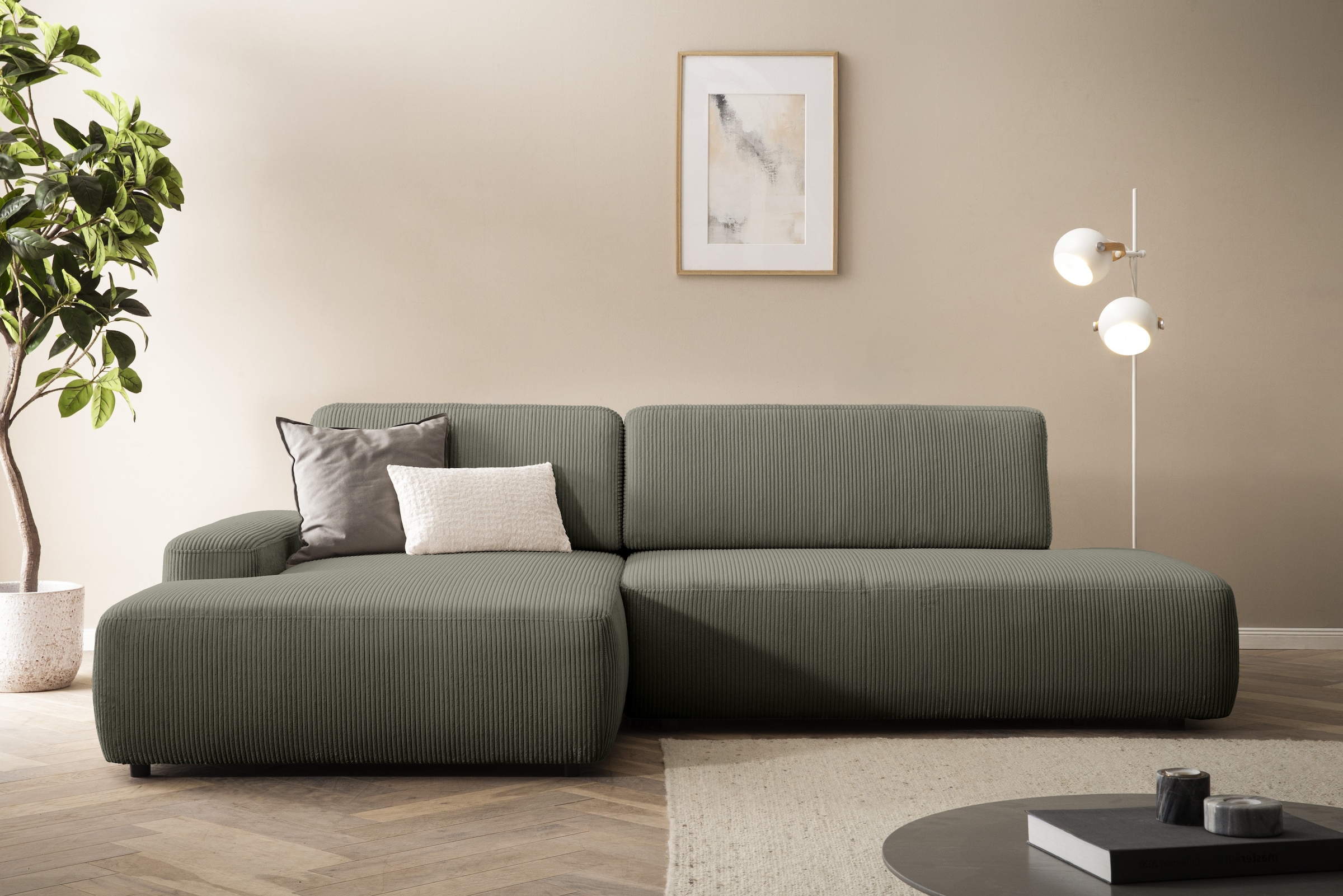 INOSIGN Ecksofa »TORGE, Schlafsofa Cord, Samtvelours u. Strukur fein, Couch in L-Form«, Schlaffunktion und Bettkasten, Liegefläche: 210x125 cm, neues Design