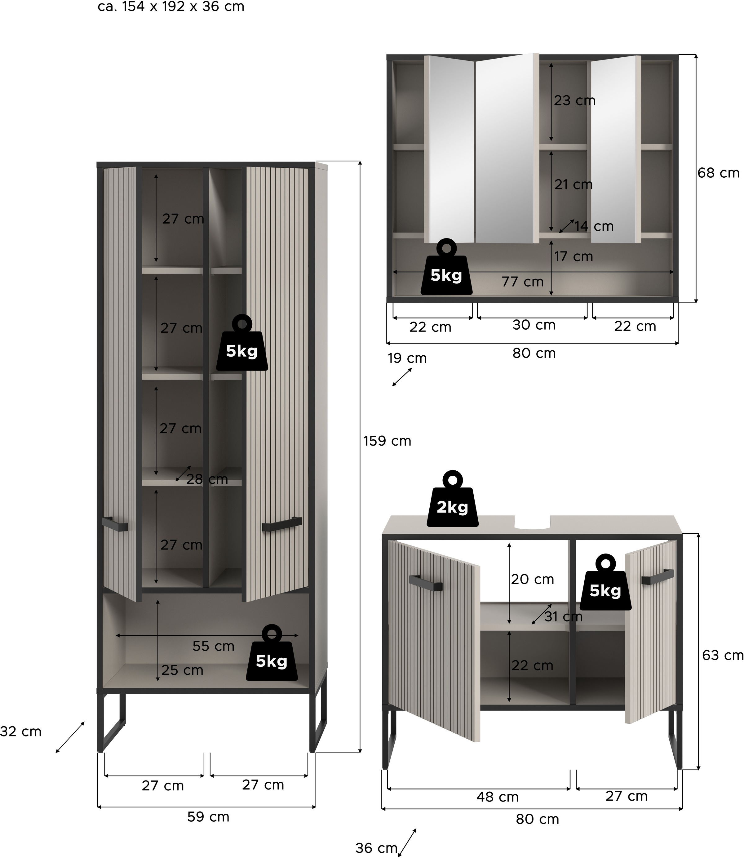 welltime Badmöbel-Set »Locri, Breite 154 cm, Rillenoptik, Metallkufen«, (3 St.), best. aus: Hochschrank, Waschbeckenunterschrank, Spiegelschrank