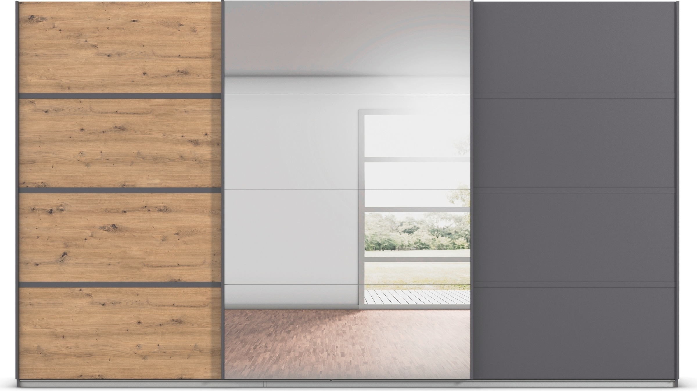 rauch Kleiderschrank »Schwebetürenschrank Garderobe Schrank TOP ANGEBOT Avola«, (in 3 verschiedenen Ausstattungen BASIC/CLASSIC/PREMIUM inkl. Spiegel), mit eleganten Zierleisten in Chrom, Schwarz oder Weiß MADE IN GERMANY
