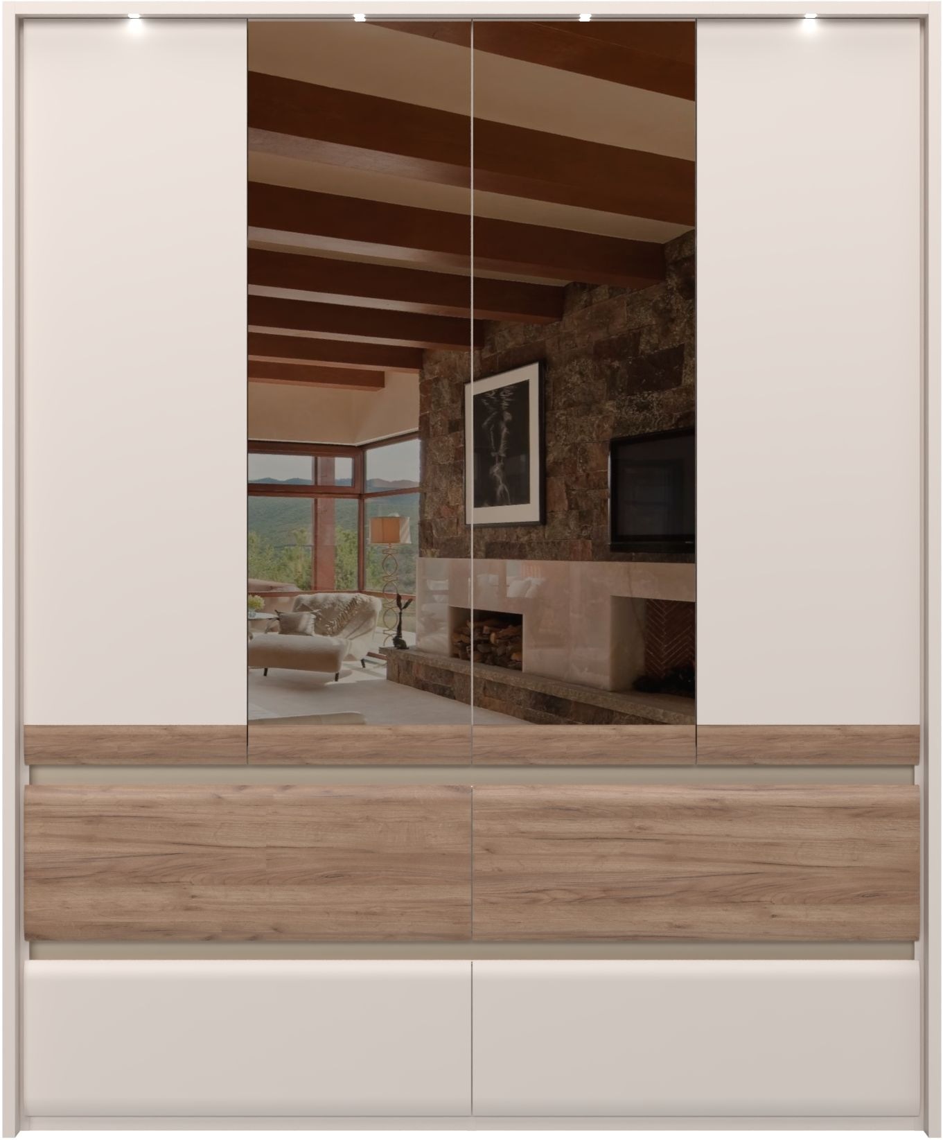 Places of Style Kleiderschrank »Invictus, UV lackiert, FSC-zertifiziert, grifflose Optik«, (abgerundete Schubladen aus MDF im Holzdekor, soft-close), mit Beleuchtung und Spiegel, in 4 Breiten, hoher Schrank (226cm)
