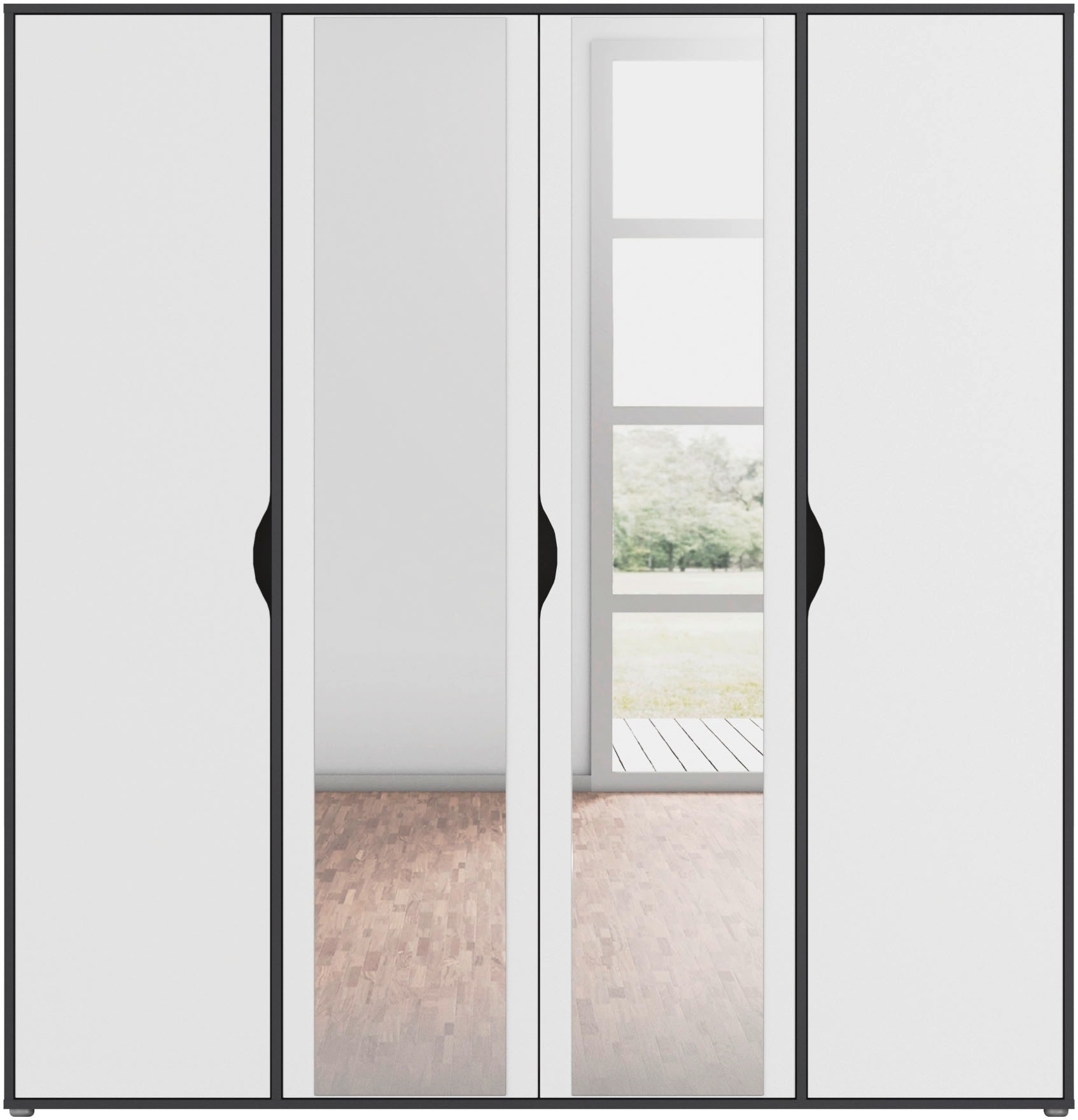 rauch Drehtürenschrank »Kleiderschrank Schrank Garderobe Wäscheschrank NARAI mit Spiegel«, (in 3 verschiedenen Ausstattungen BASIC/CLASSIC/PREMIUM), Griffausfräsungen für eine grifflose Optik TOPSELLER MADE IN GERMANY