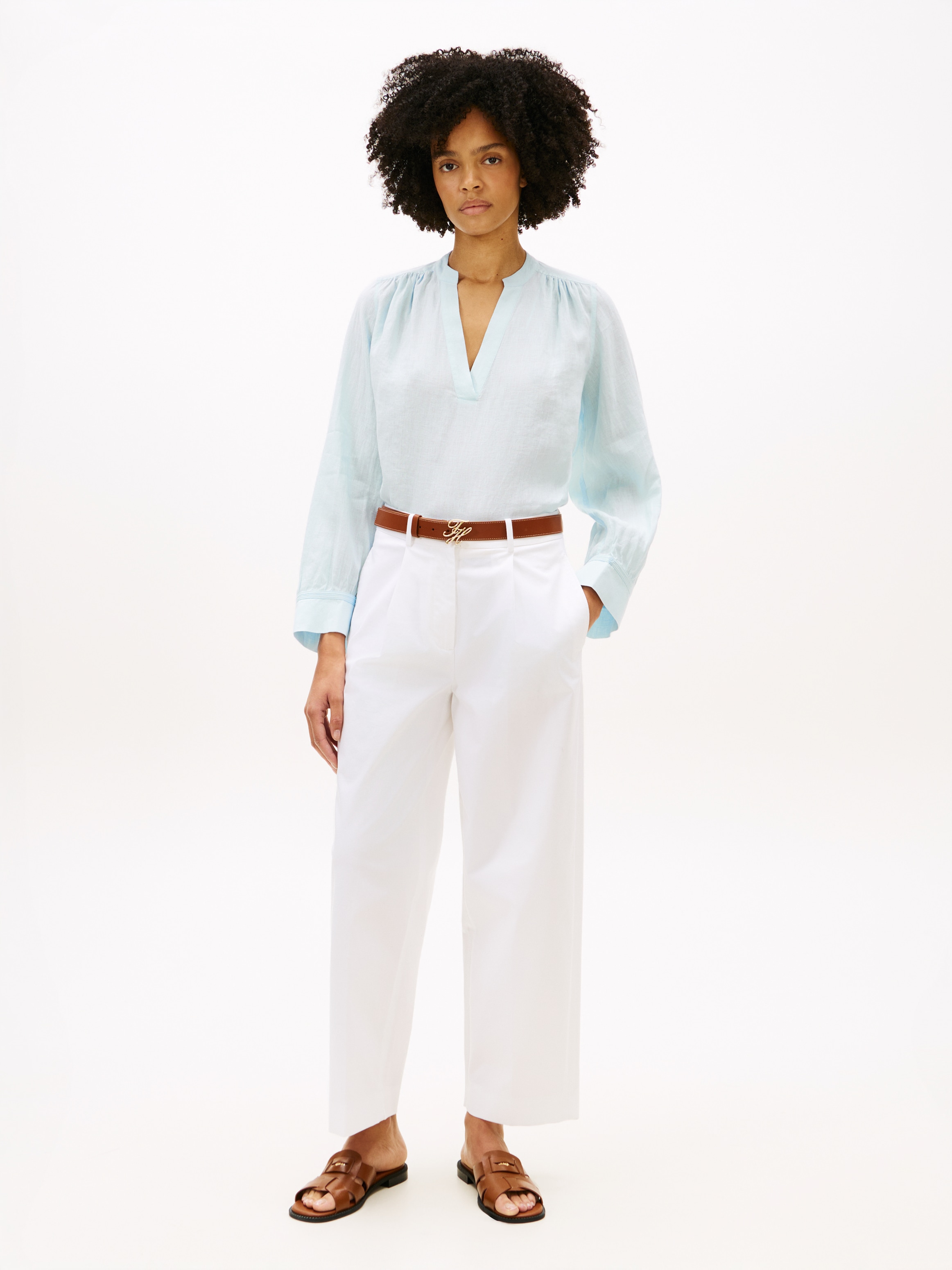 Tommy Hilfiger Langarmbluse »ESSENTIAL LINEN V-NECK LONGSLEEVE BLOUSE« mit gerafften Schultern, Relaxed Fit