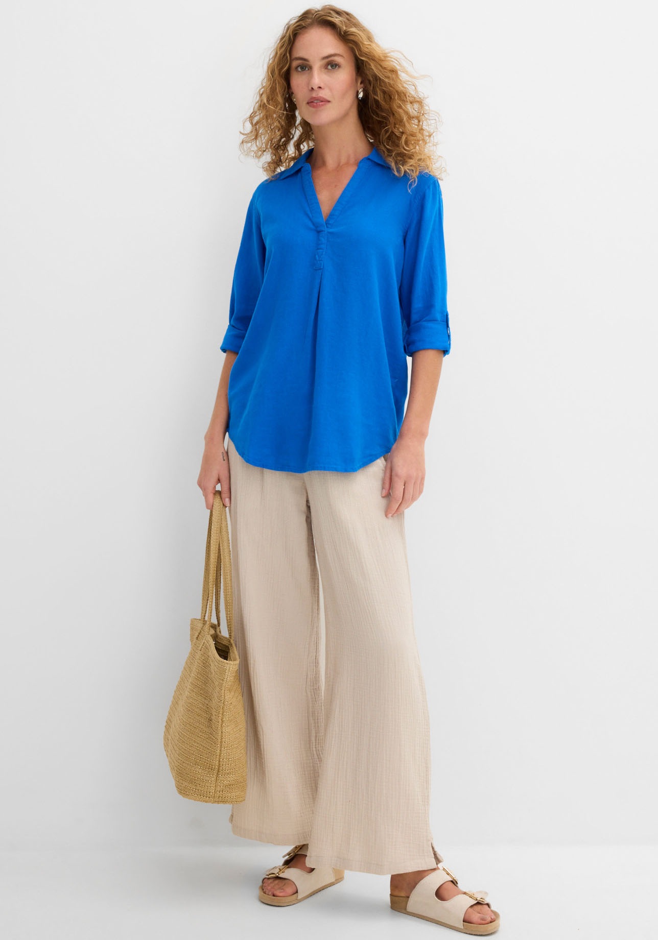 bonprix Langarmbluse »3/4-Arm Bluse mit Leinen« figurumspielende Passform, für vielseitige Alltagslooks