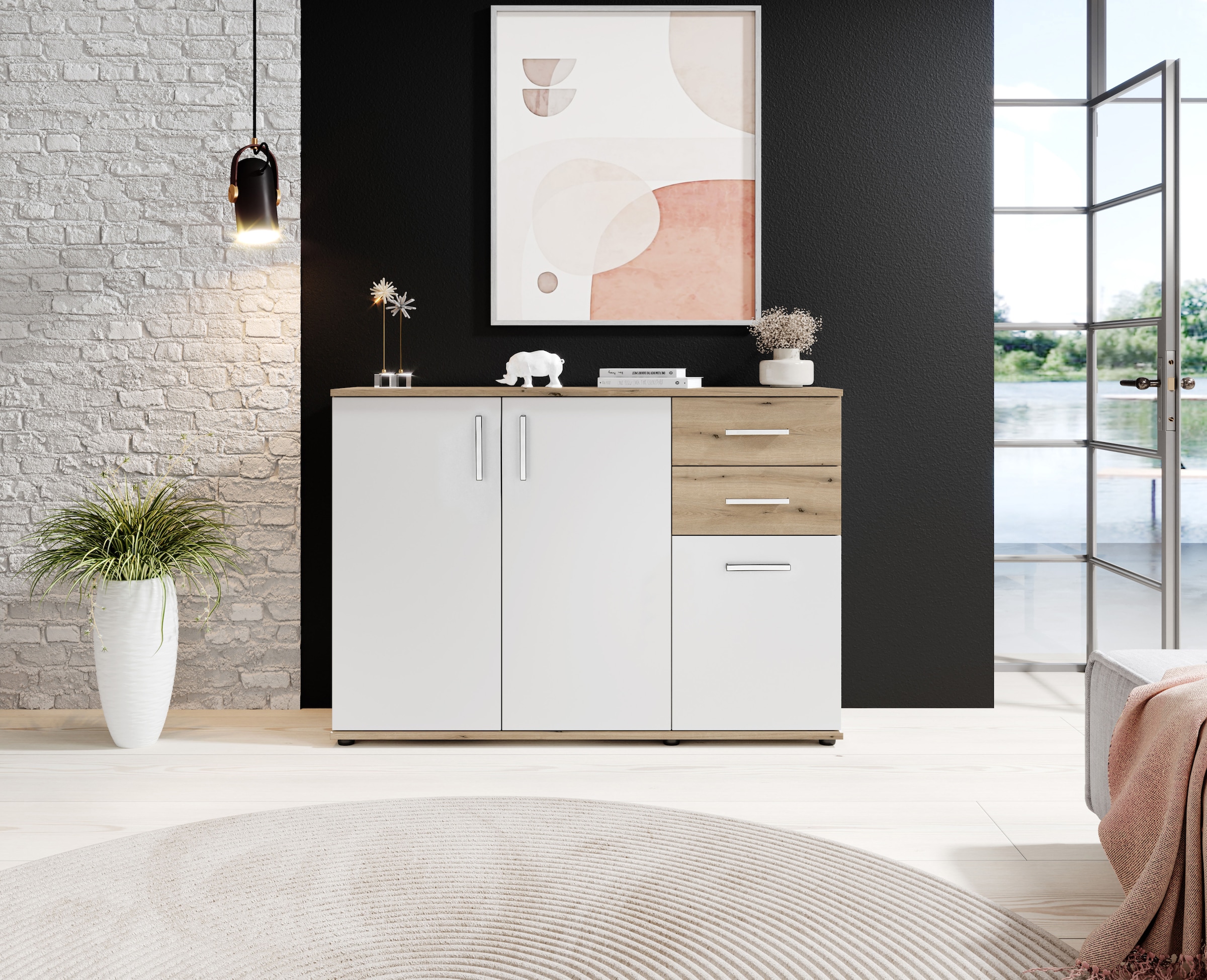 HBZ Kommode »BC-Drift-2, Sideboard Stellmaß BxHxT 120x84x35 cm«, (1 St.), Kommode mit 3 Türen, 2 Schubkästen und 1 Einlegeboden