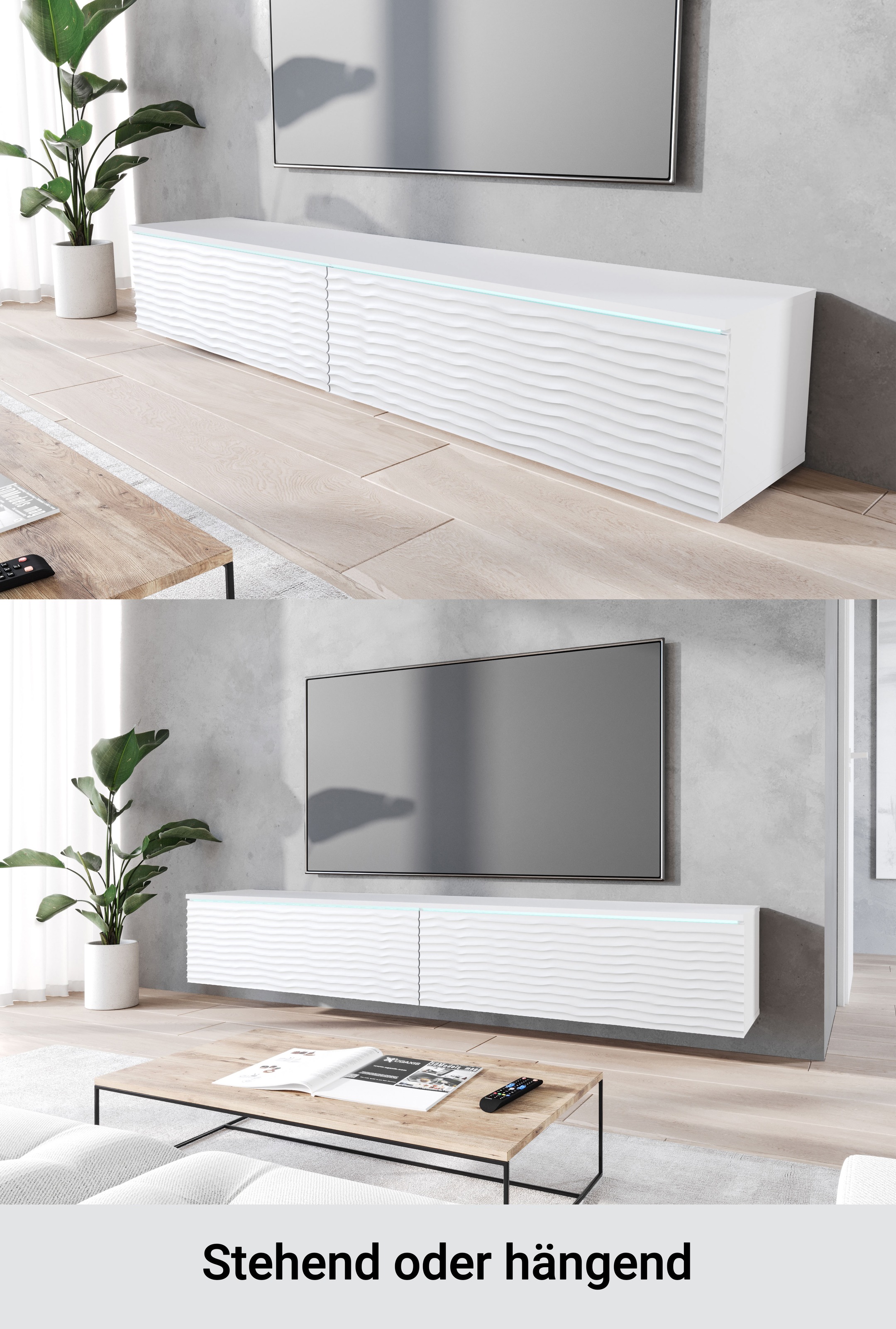 INOSIGN Lowboard »Vera, wahlweise mit oder ohne Beleuchtung«, gefräste MDF Front mit 3D Effekt, stehend und hängend montierbar