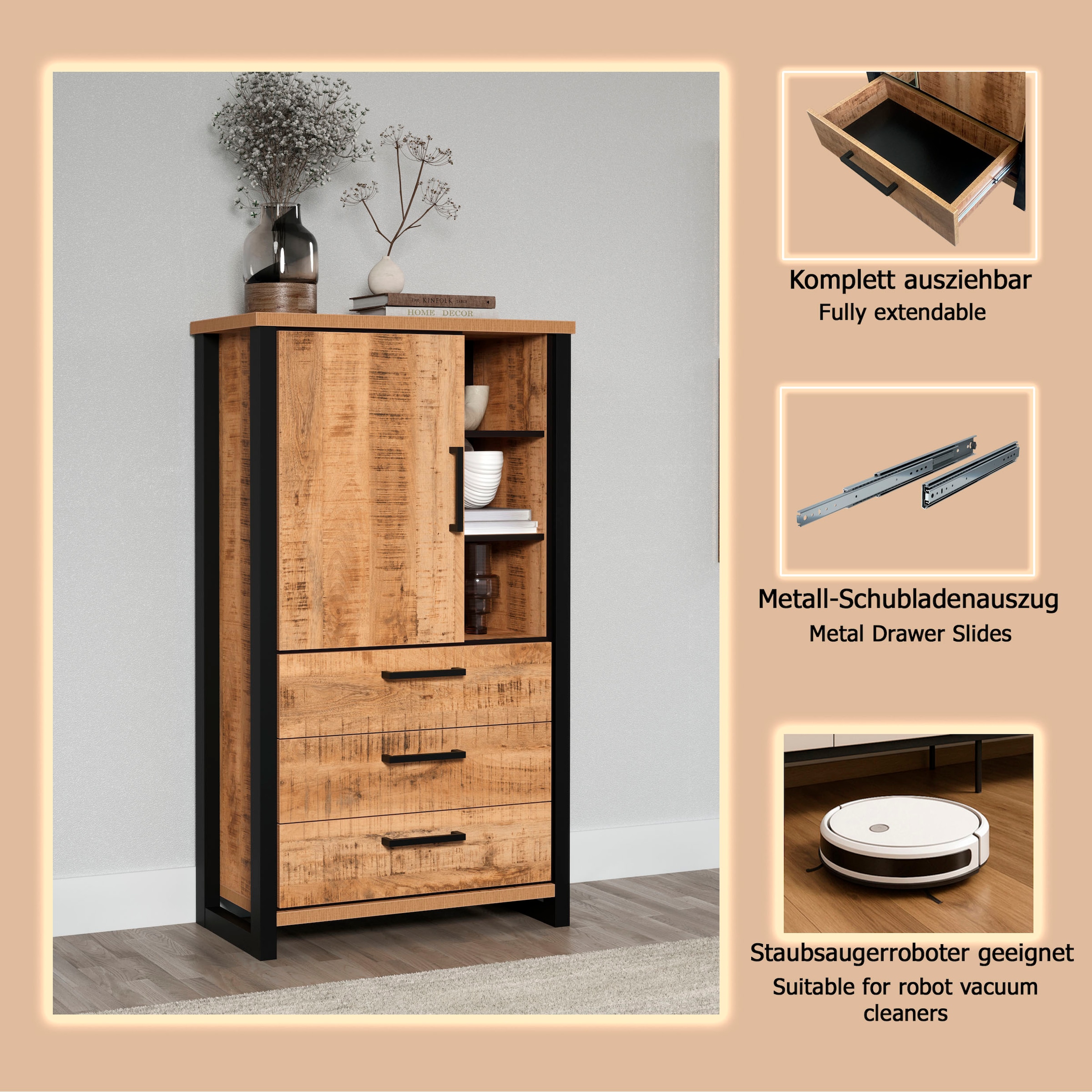 Home affaire Highboard »Elda« 1 Stk. tlg. Vitrine mit 1 Tür & 3 Schubladen mit Vollauszug – (B/T/H) 87/45/155 cm