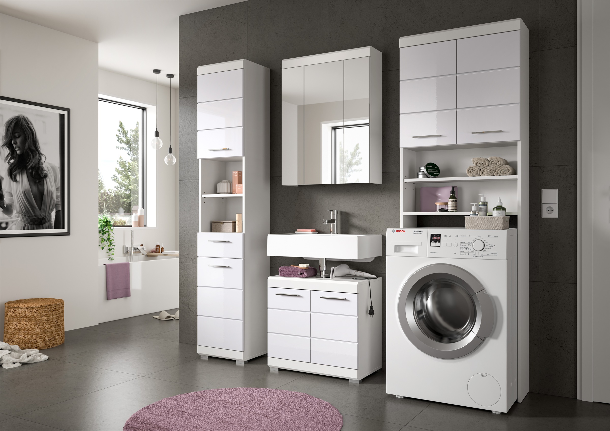INOSIGN Badmöbel-Set »Siena, 4 teilig, bestehend aus:«, (Set), Hochschrank, WBU, Spiegelschrank, Waschmaschinenumbauschrank