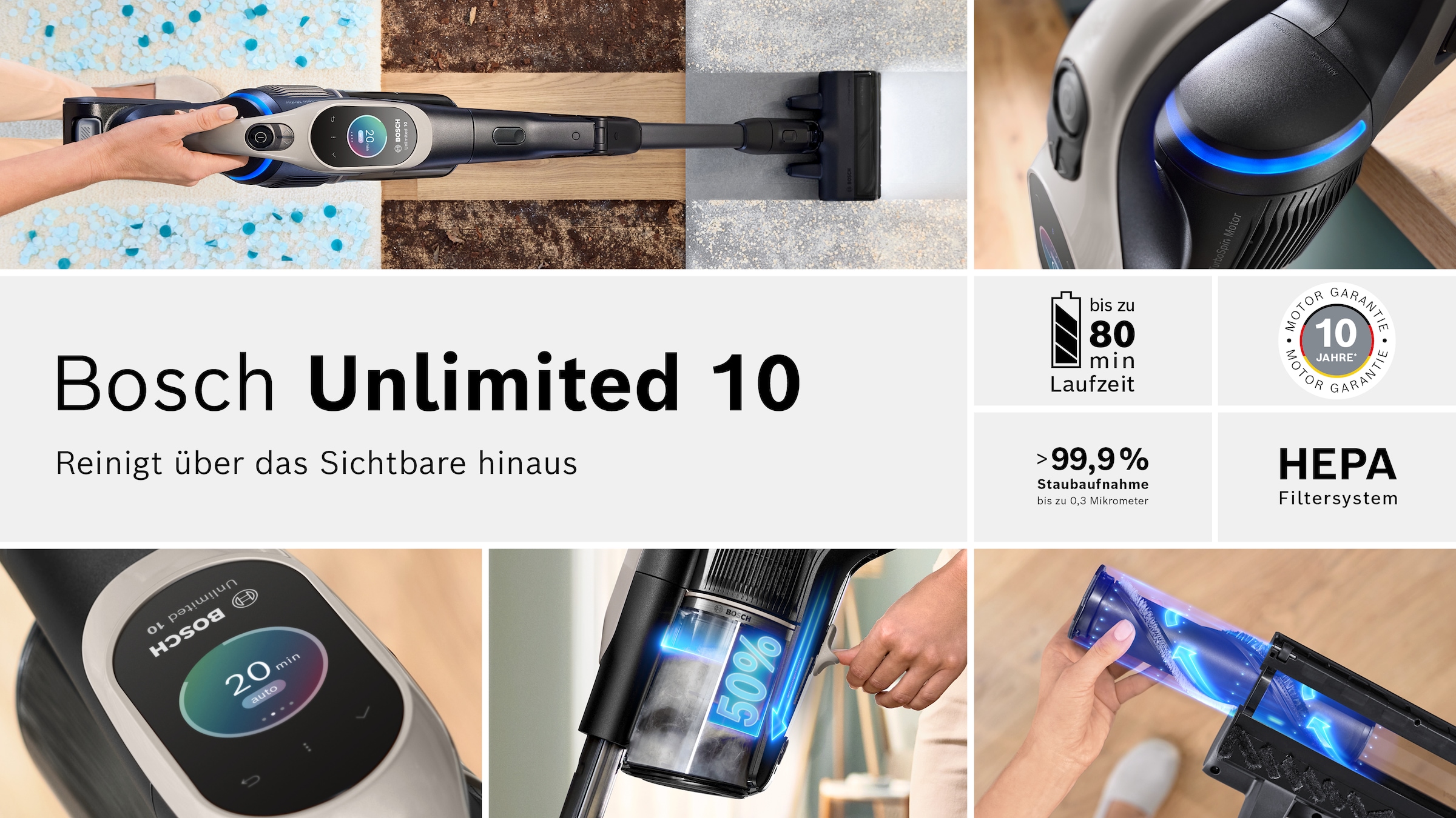 BOSCH Akku-Stielstaubsauger »BTS1042GQC« Display, Knickrohr, HEPA-Filtersystem, Schnellladegerät, 2 Akkus, grau