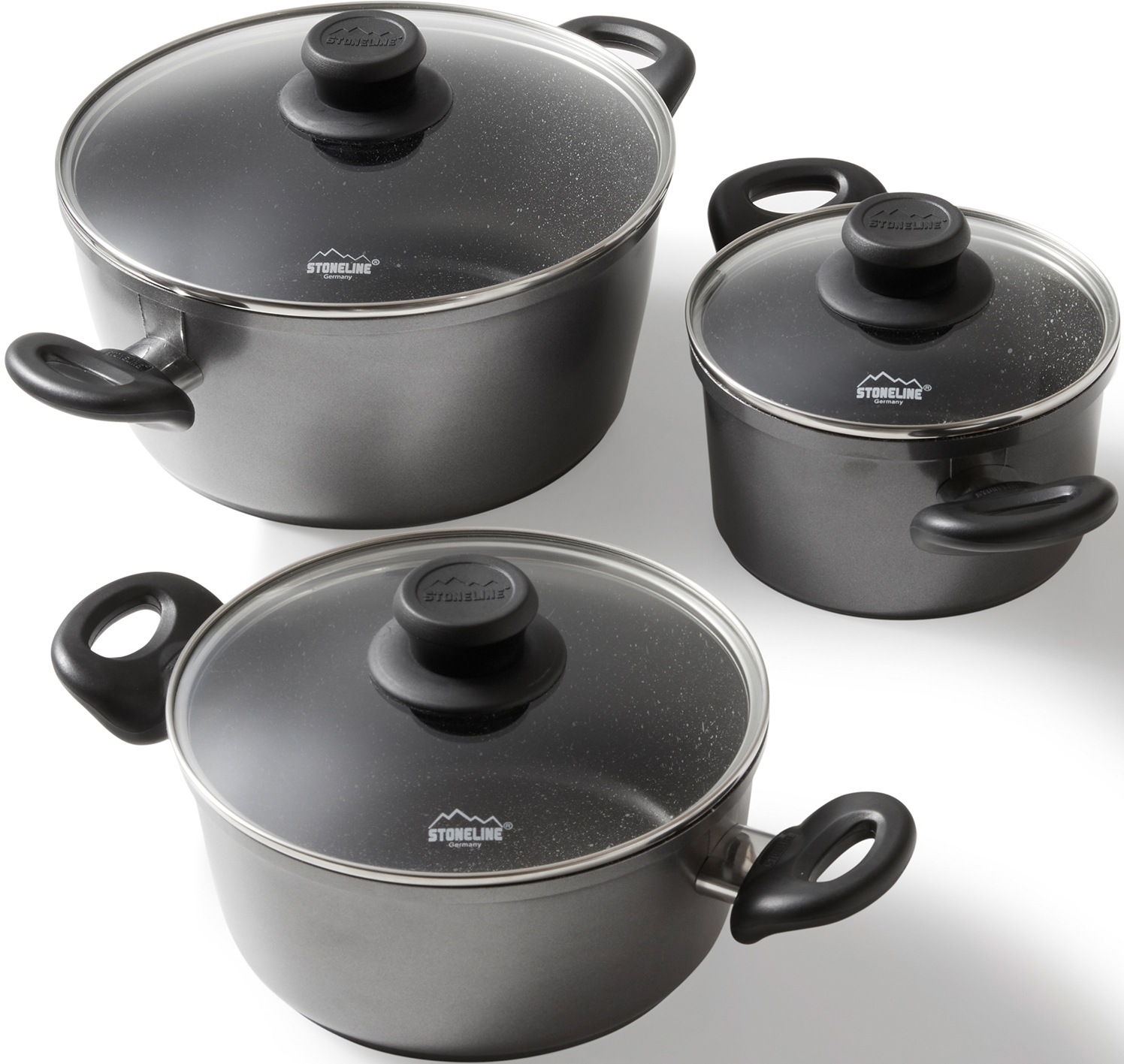 STONELINE Topf-Set Set, 1x Kochtopf Ø 16 cm, 1x Kochtopf Ø 20 cm, 1x Kochtopf Ø 24 cm, 6 Stk. tlg. Aluminium schwarz