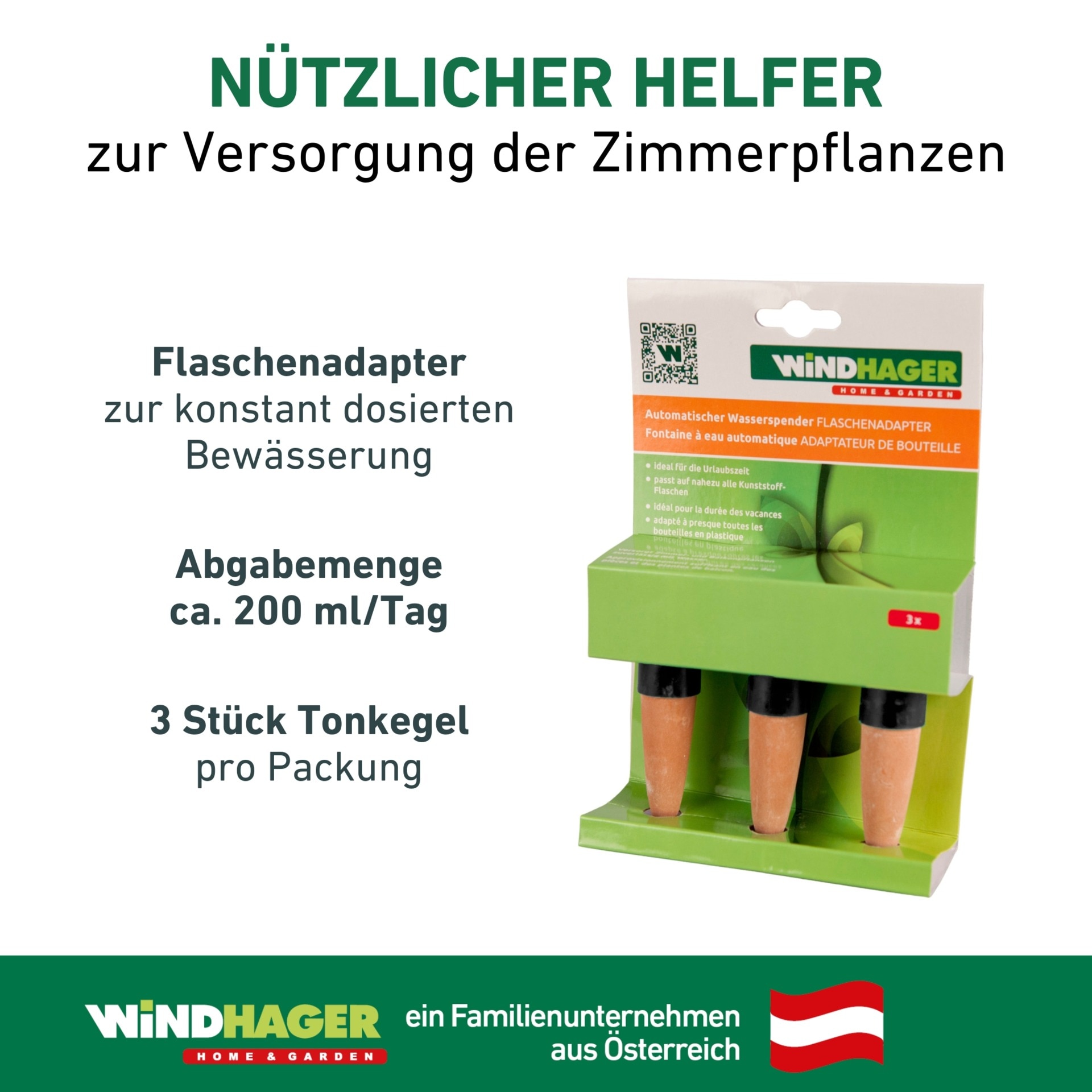 Windhager Bewässerungssystem »automatische Wasserspender Flaschen 3 Stk. für Zimmerpflanzen« (Packung, 3 Stk. tlg.)  Flaschenadapter Bewässerung, Abgabemenge ca. 200 ml/Tag, 4 x 11 cm
