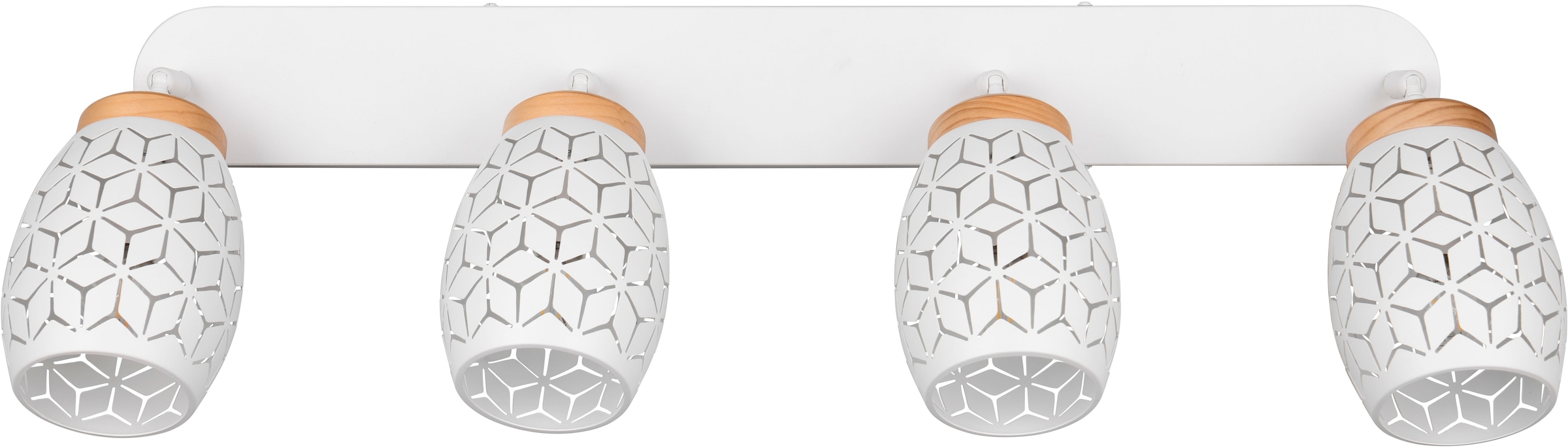 REALITY Leuchten Deckenstrahler »BIDAR 4-flammig, exkl 4x E14 max 10W, Deckenlampe Spots verstellbar«, 4 flammig, Leuchtmittel E14 | Leuchtmittel wechselbar, Metall-Lampenschirm mit Lasercut Muster und Holz-Dekoelementen