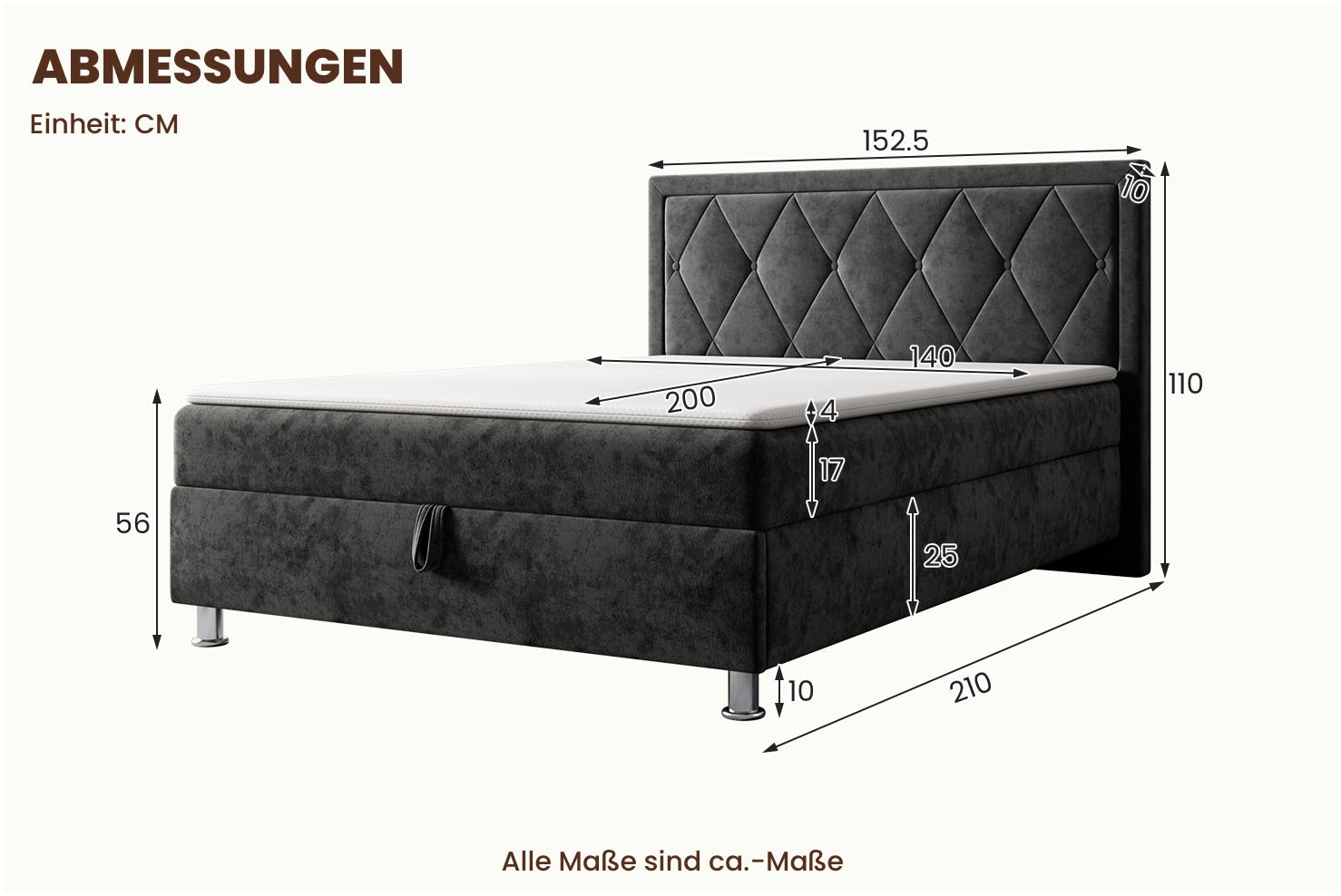 OTTO home Boxbett »EMILLIAN, Polsterbett mit Bettkasten und Taschenfederkernmatratze H3« mit Kaltschaumtopper, Chenille-Bezug, Liegefläche 140x200 cm