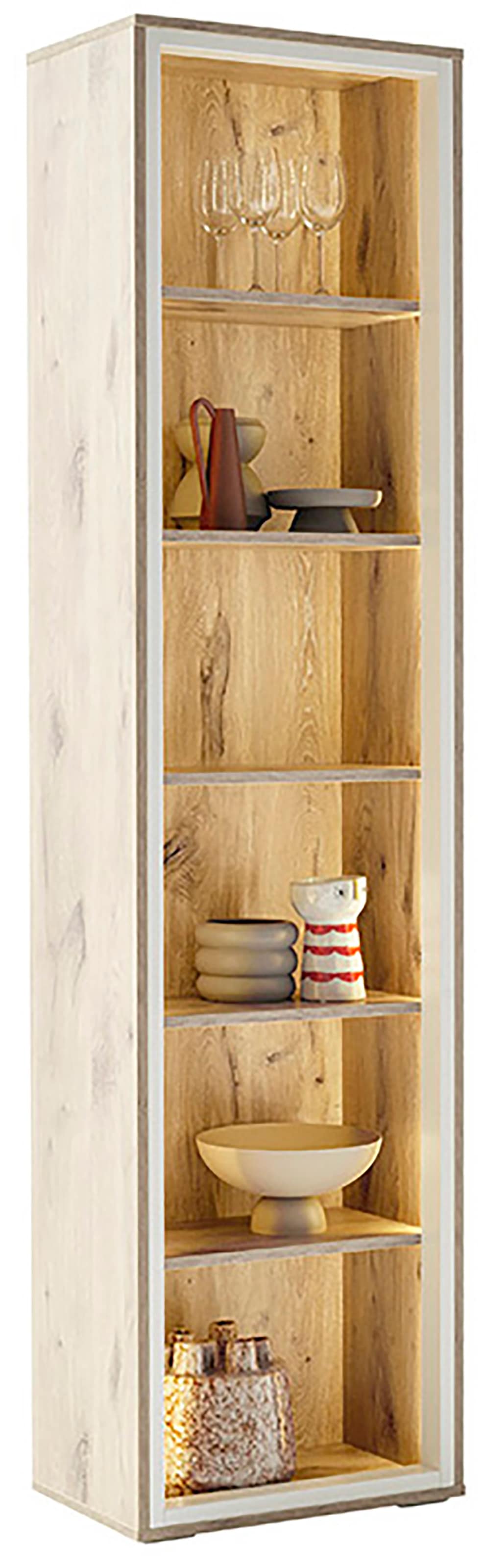 MCA furniture Vitrine »SANTERNO«, 6 Fächer, Regal, Korpus Beleuchtungsrahmen Soft White, Höhe 197 cm
