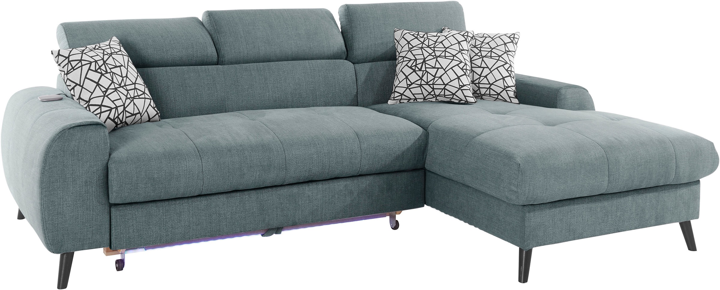 COTTA Ecksofa »Mia L-Form mit 3 Zierkissen«, wahlweise mit Bettfunktion, Bettkasten, Beleuchtung & Wireless-Charger