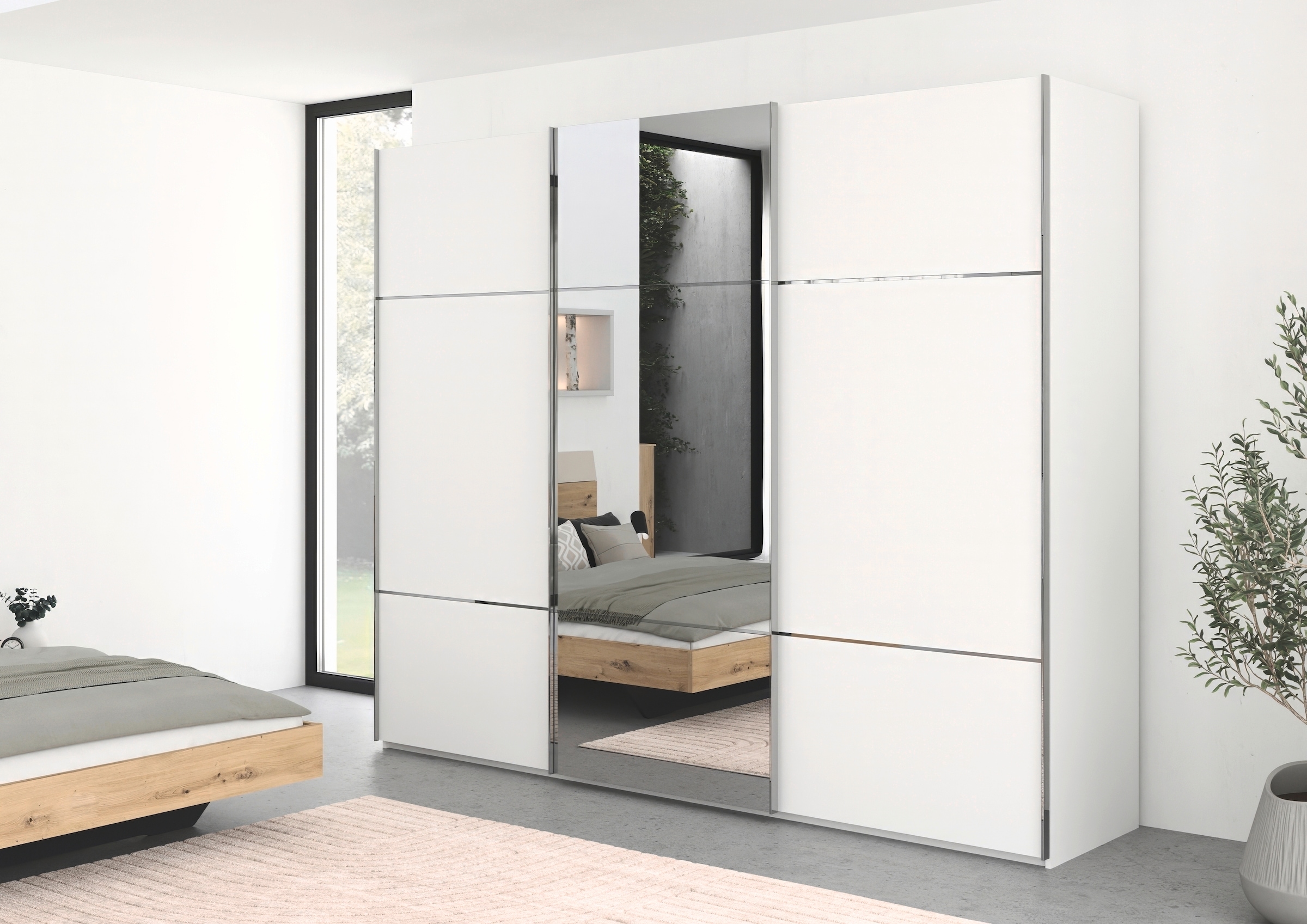 rauch Schwebetürenschrank »Kleiderschrank Schrank Garderobe Schlafzimmerschrank SCALE-TRIO«, edle dreigeteilte Front mit 2 Zierleisten Spiegel/Glas MADE IN GERMANY