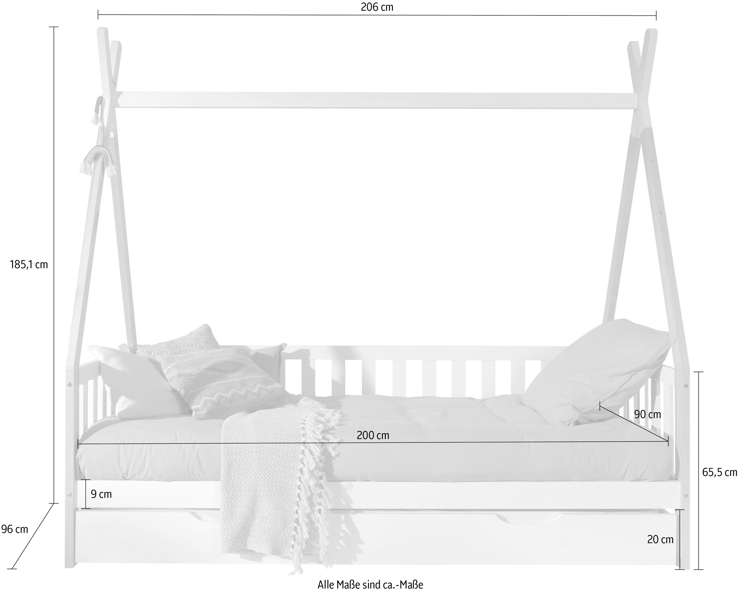 Vipack Kinderbett »Tipi, mit Querstange in Zelt-Optik, Kiefer massiv«, (B/H/T ca. 206x185,1x96cm, seitliche Sprossenumrandung), inklusive Rolllattenrost und wahlweise mit Bettschublade
