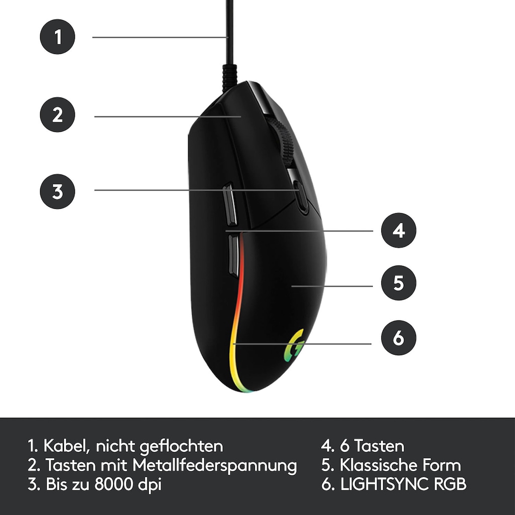 Logitech Gaming-Maus »G203 LIGHTSYNC«, kabelgebunden, 1 MHz