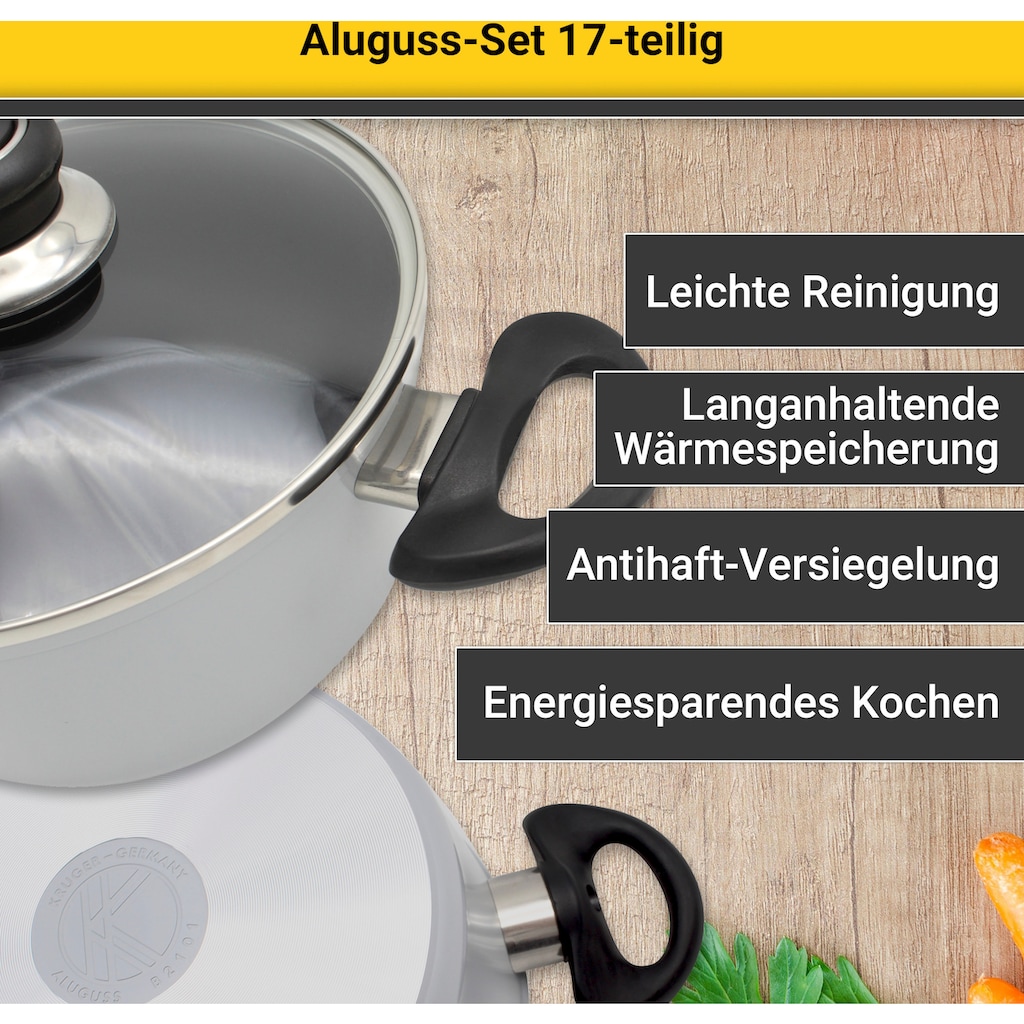 Krüger Topf-Set, Aluminiumguss, (Set, 17 tlg., Fleischtopf 16/18/20/24 cm, Stieltopf 16 cm, Steakpfanne)