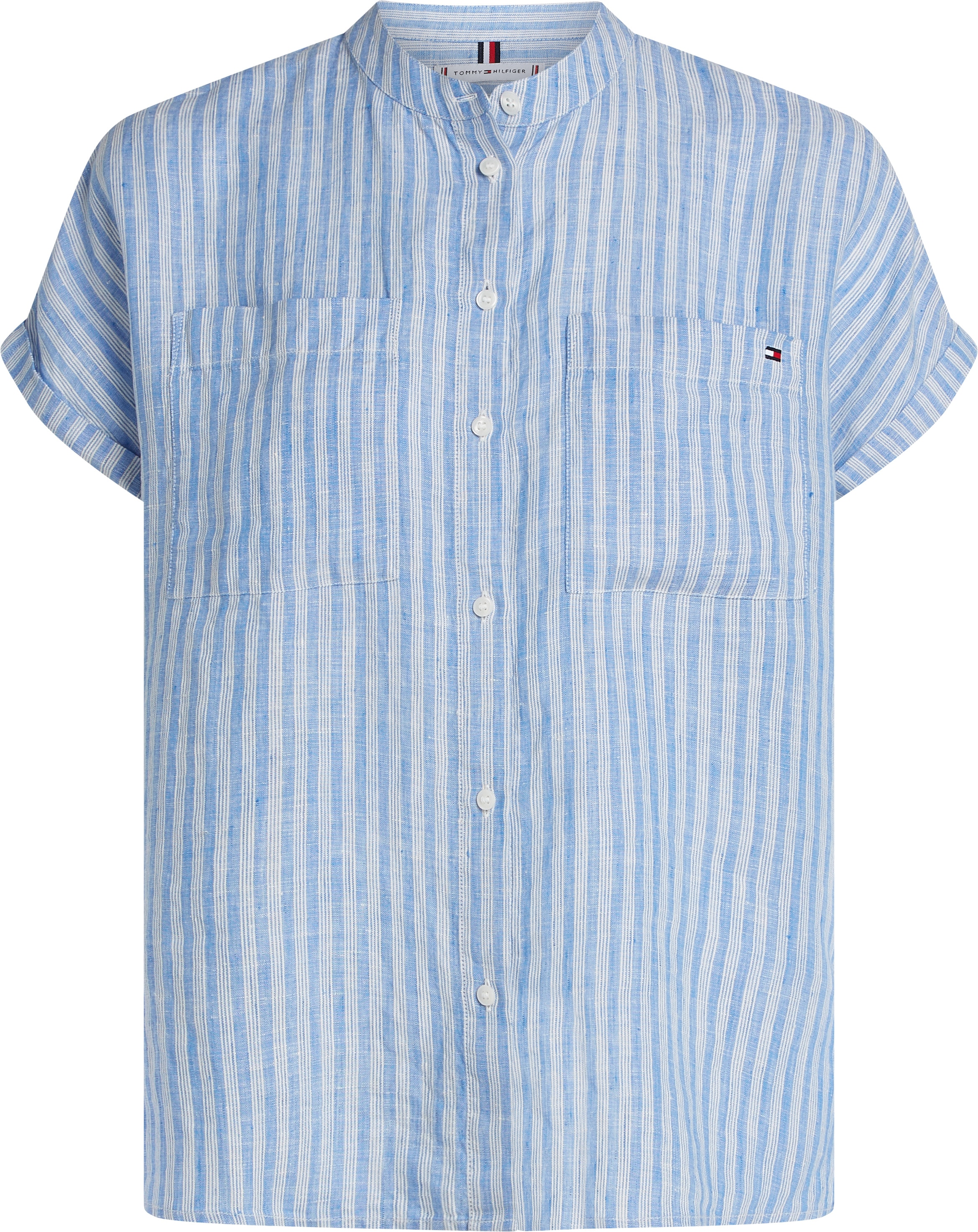 Tommy Hilfiger Kurzarmbluse »ESS LINEN COLLARLESS S/S BLOUSE« mit Logostickerei ,kühlendes Premium Leinen