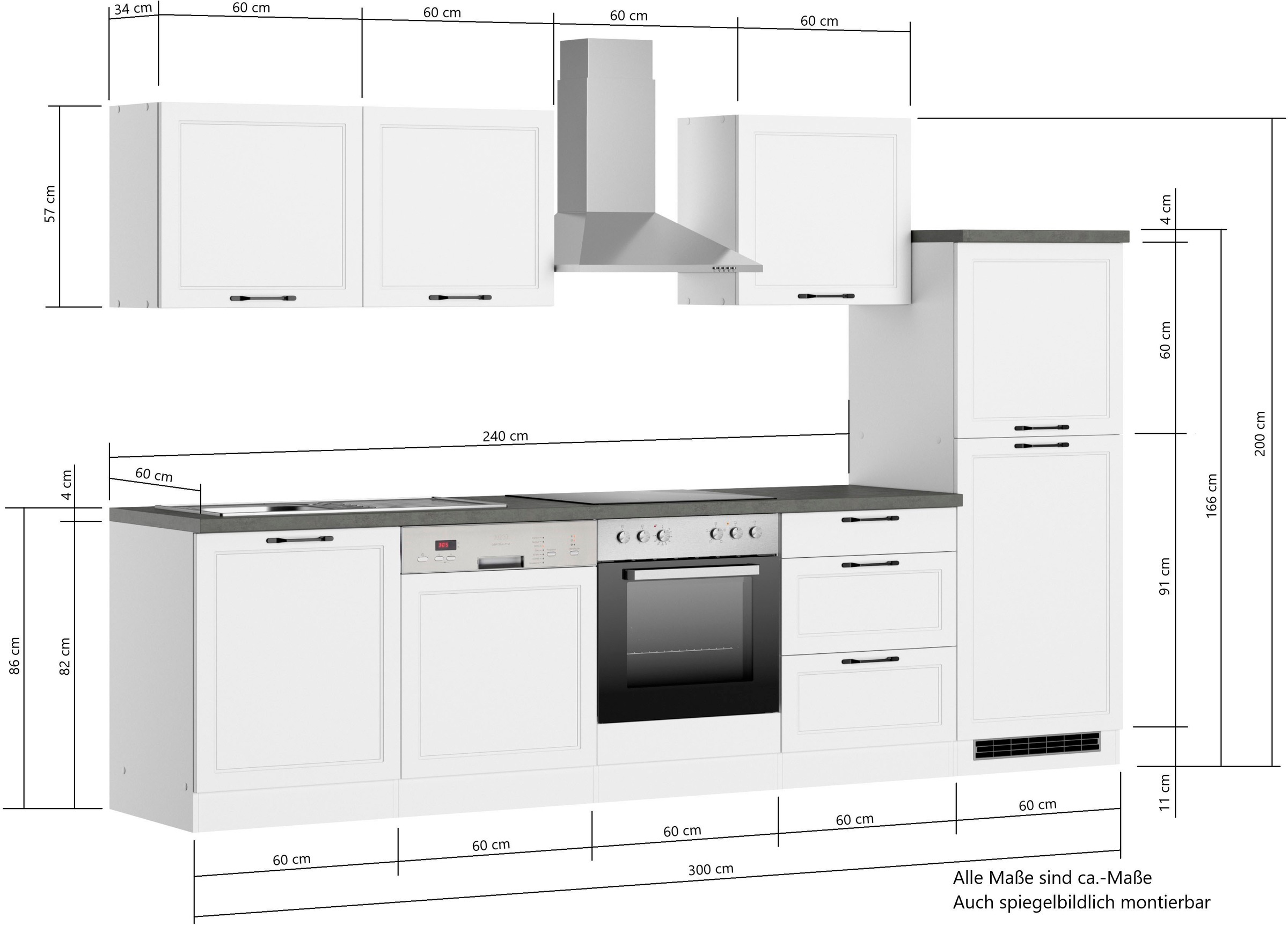 KOCHSTATION Küchenzeile »KS-Lani, mit MDF-Fronten«, Breite 300 cm, wahlweise mit E-Geräten, Höhen-Ausgleichsfüße 0-4 cm