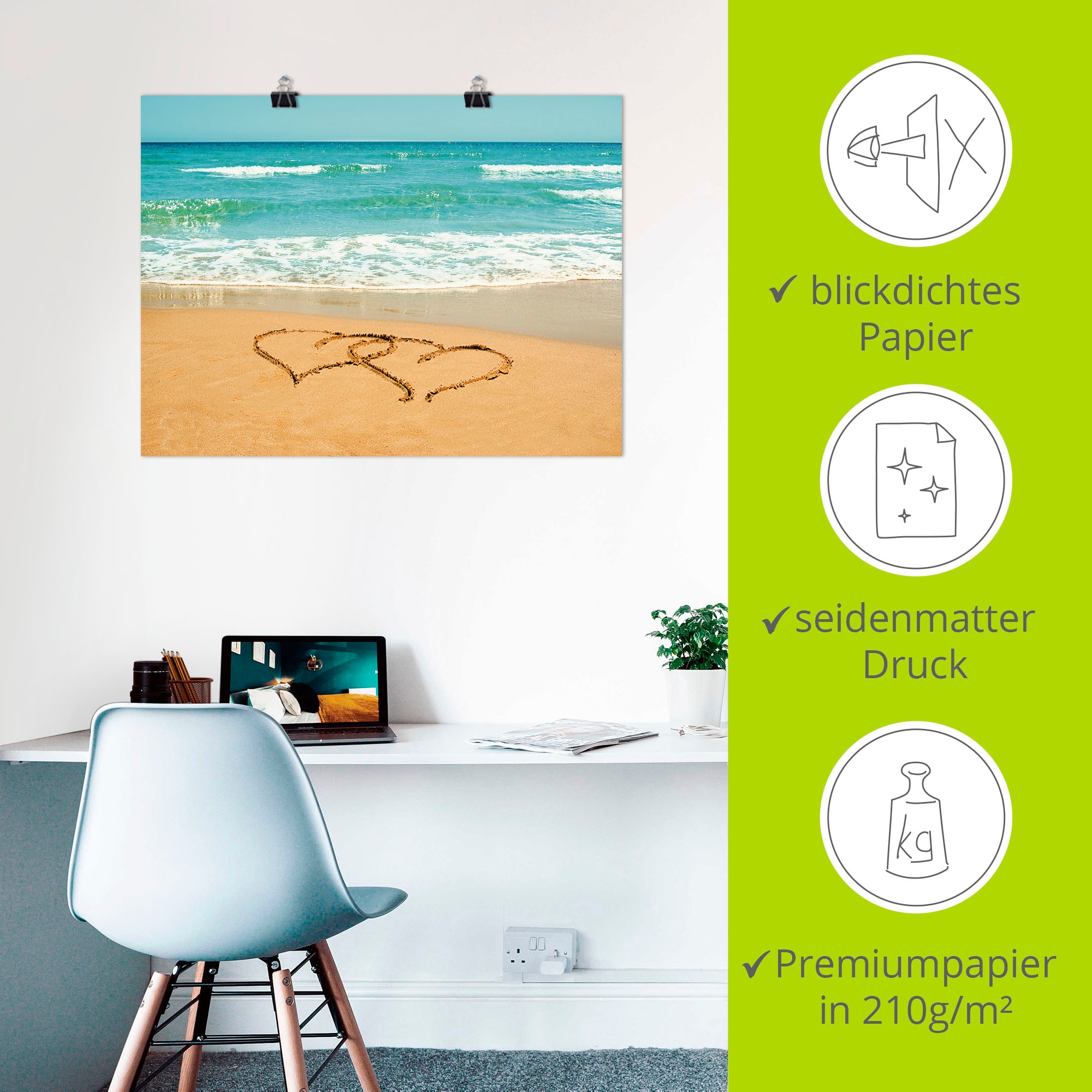 Artland Poster »Herzen im Sand«, Strand, (1 St.), als Alubild, Leinwandbild, Wandaufkleber oder Poster in versch. Größen