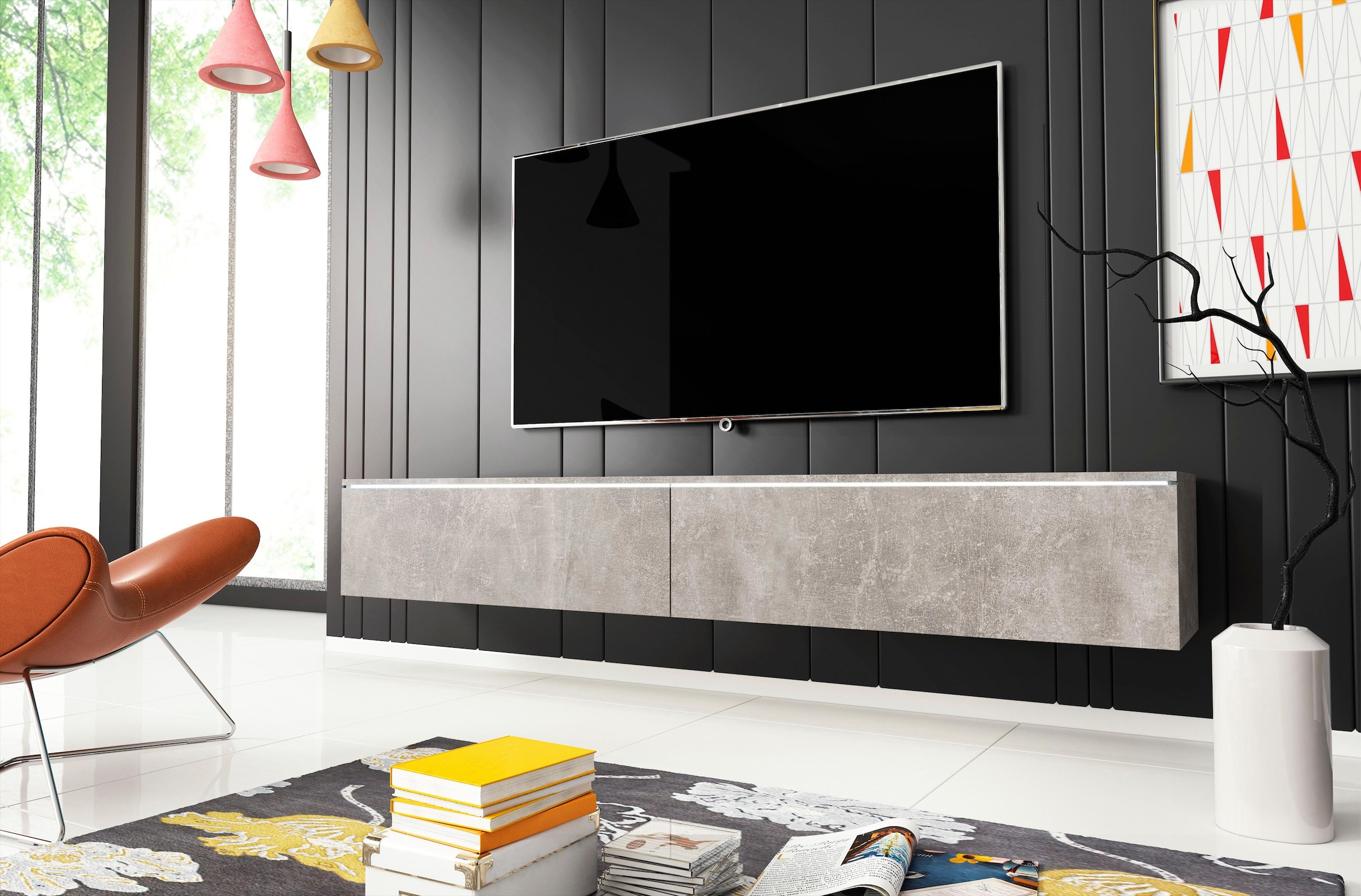 INOSIGN Lowboard »LOWBOARD VERA, wahlweise mit oder ohne Beleuchtung«, Modernes griffloses TV-Board, 180 cm TV-Schrank, stehend und hängend