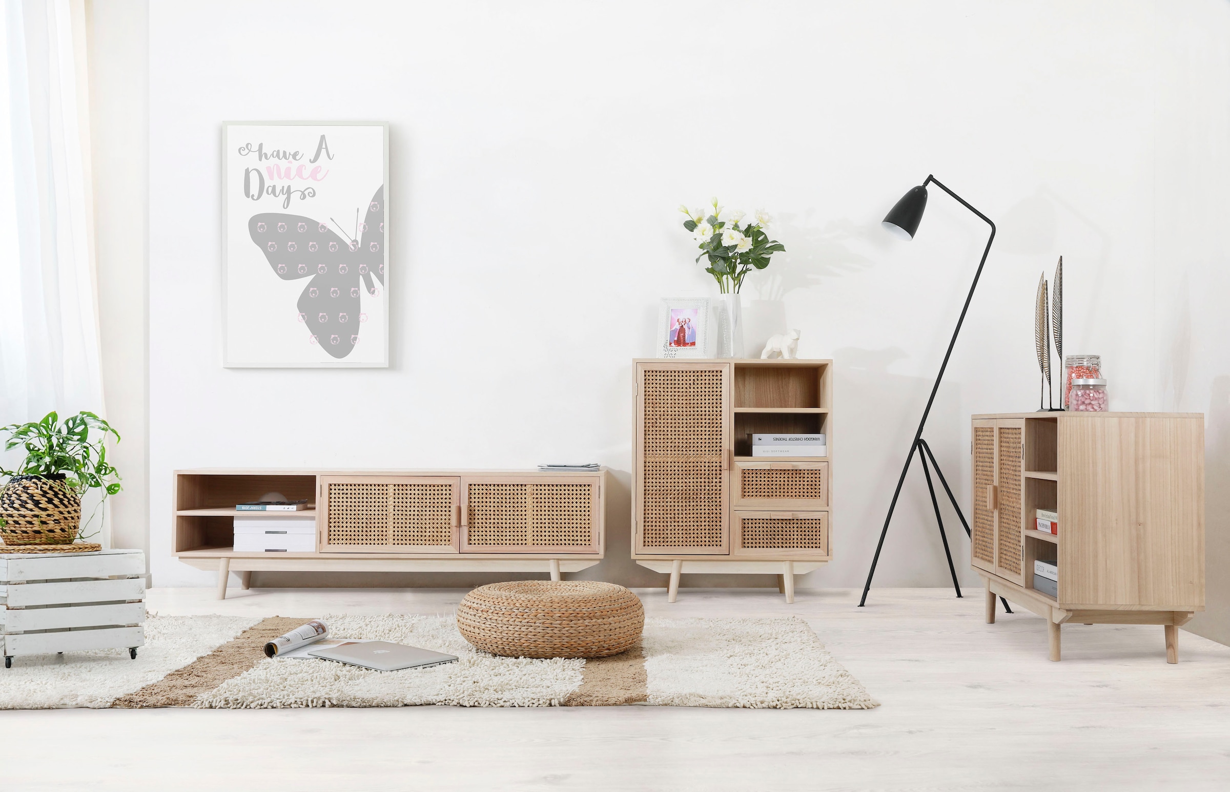 SalesFever Sideboard, kommode mit Türfronten aus Rattangeflecht, Wiener Geflecht