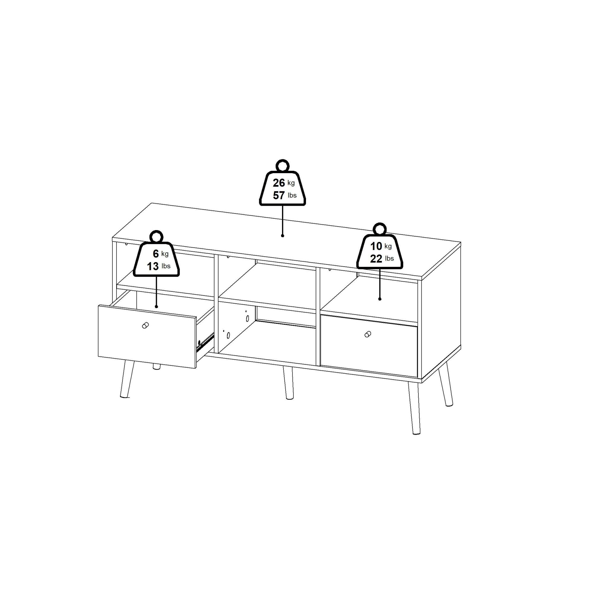 andas TV-Board »Bodo TV-Möbel, TV-Unit, Mediamöbel, Regal«, 2 Schubladen und 4 offene Fächer, Beine und Griffe aus Massivholz
