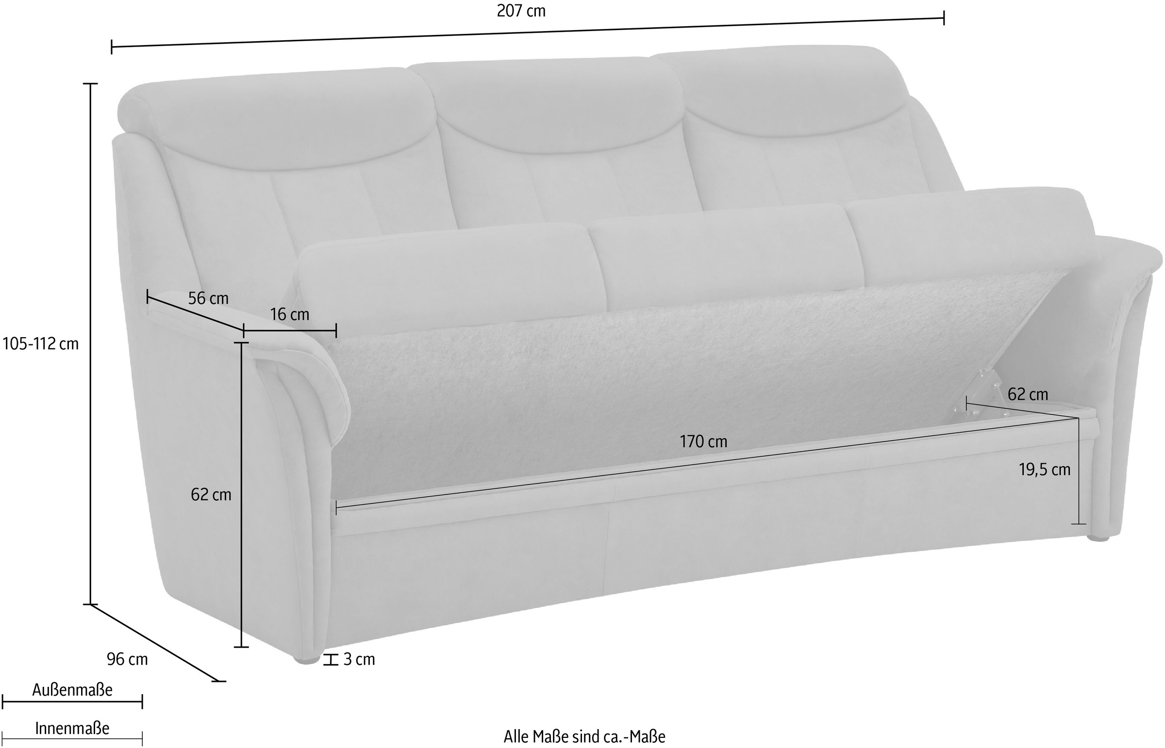 VILLA BECK 3-Sitzer Raten (1 cm »Lugano«, auf in kaufen Kopfteilverstellung, inklusive 49 St.), Sitzhöhe