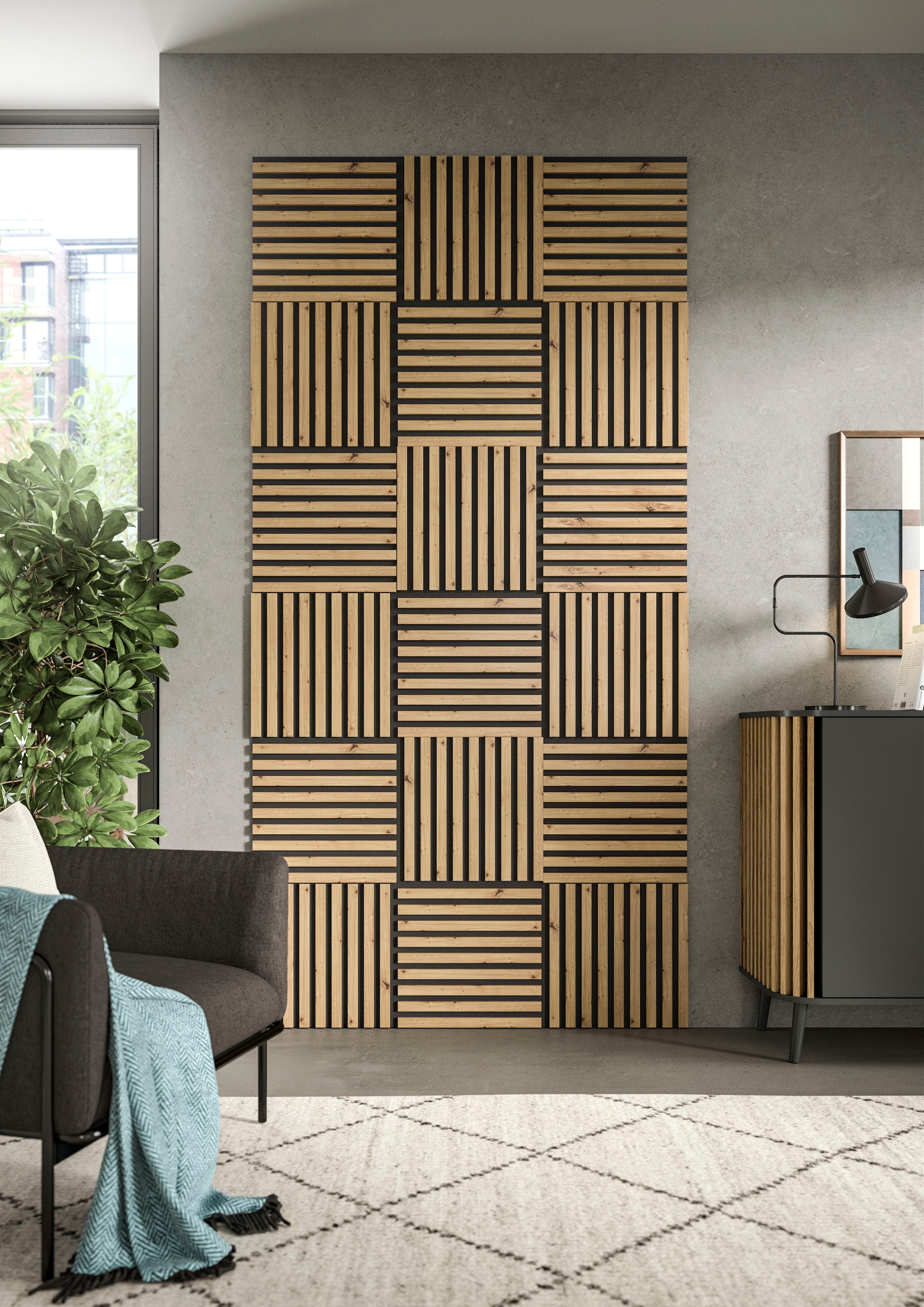 INOSIGN Wandpaneel »Silencio, 4er Set, quadratisch je 40 x 40 cm, inkl. 4 Abschlussleisten«, (4 tlg.), Akustikpaneel, Paneel, Lamellenwand