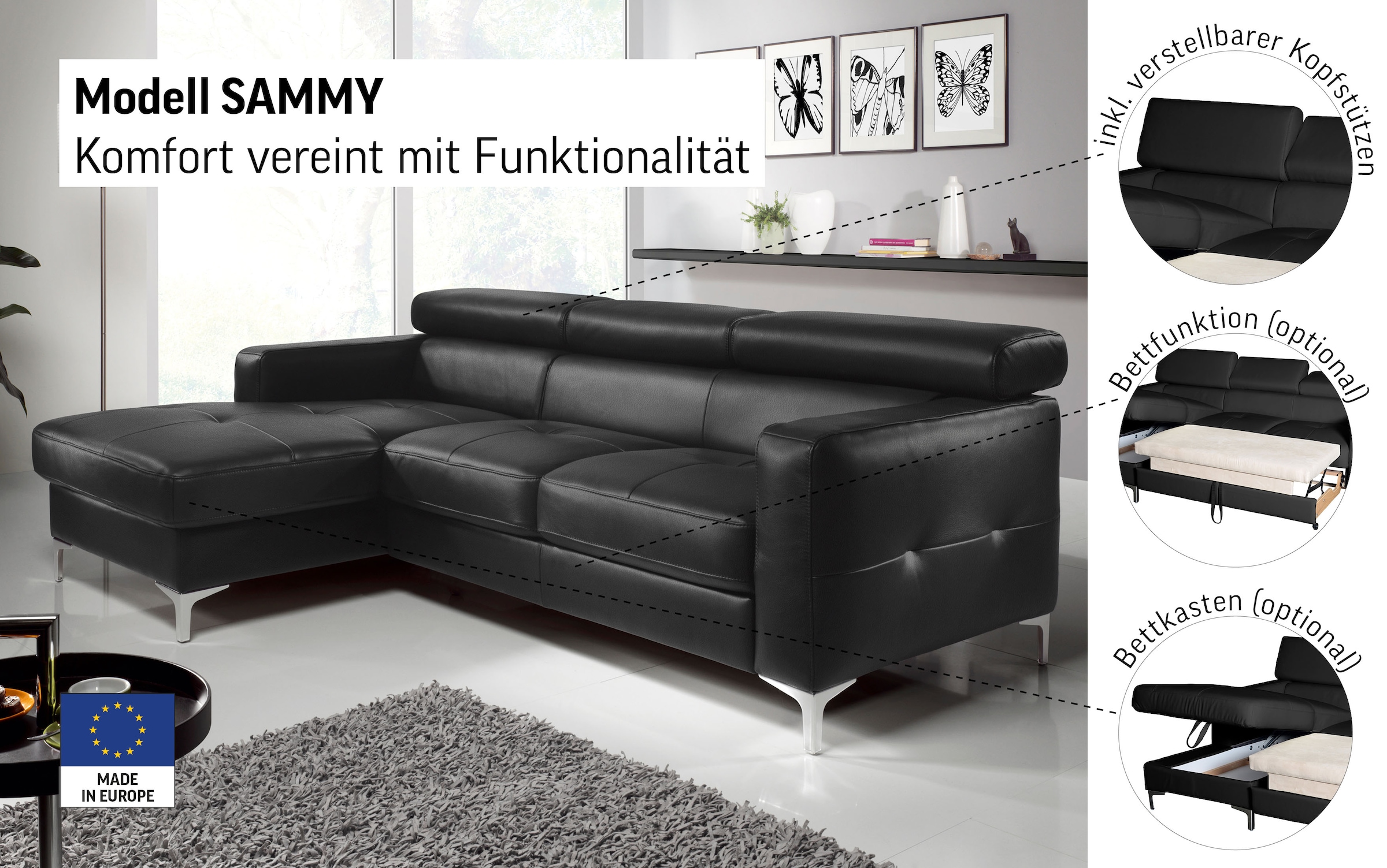 COTTA Ecksofa »Sammy L-Form« mit Kopfteilverstellung, wahlweise mit Schlaffunktion & Bettkasten