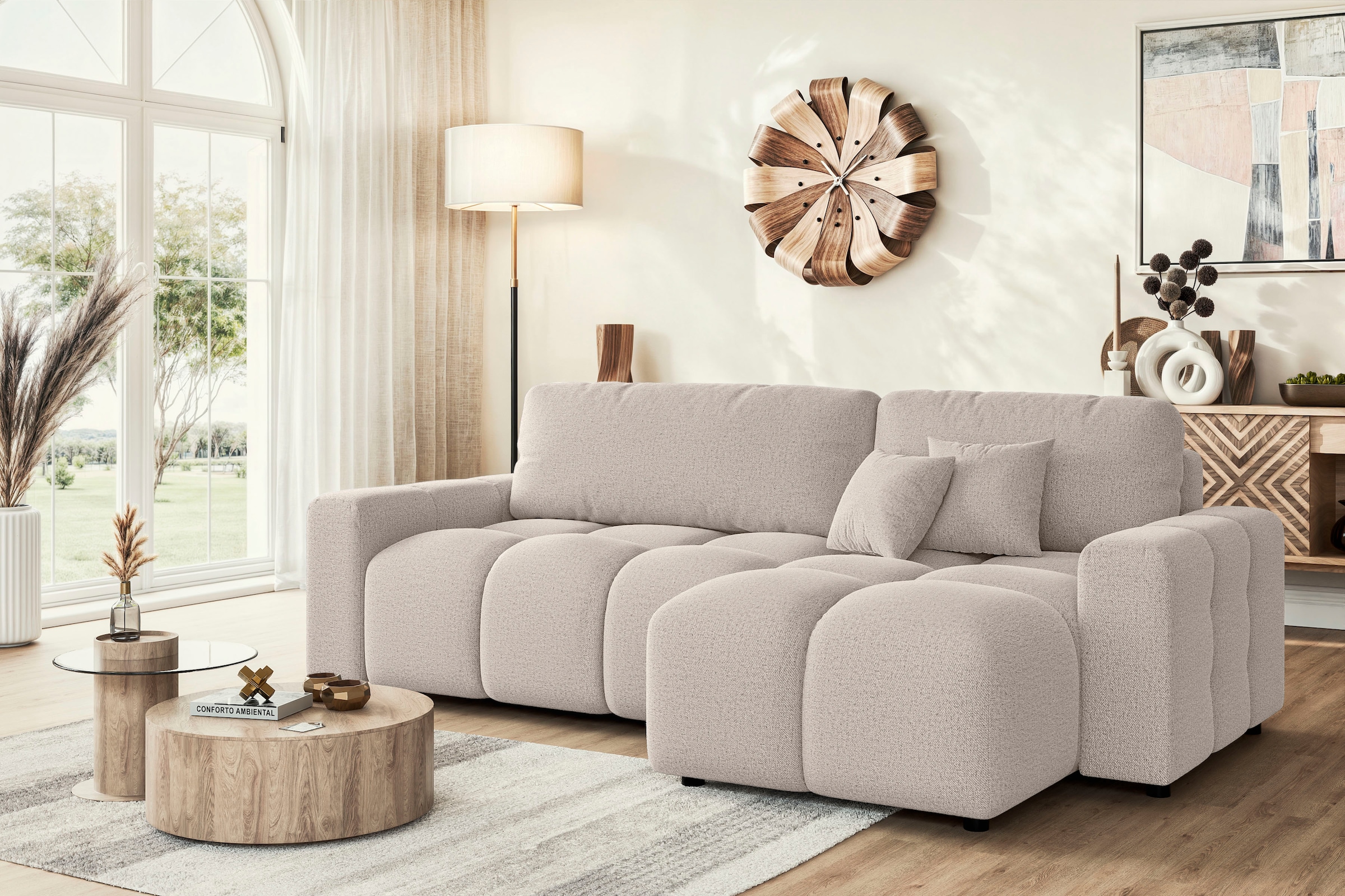 INOSIGN Ecksofa »FELICI, Schlafsofa 233cm, L-Form mit Recamiere beidseitig montierbar«, Designsofa mit Bettfunktion und Bettkasten, Maße B/T/H: 233/142/88 cm