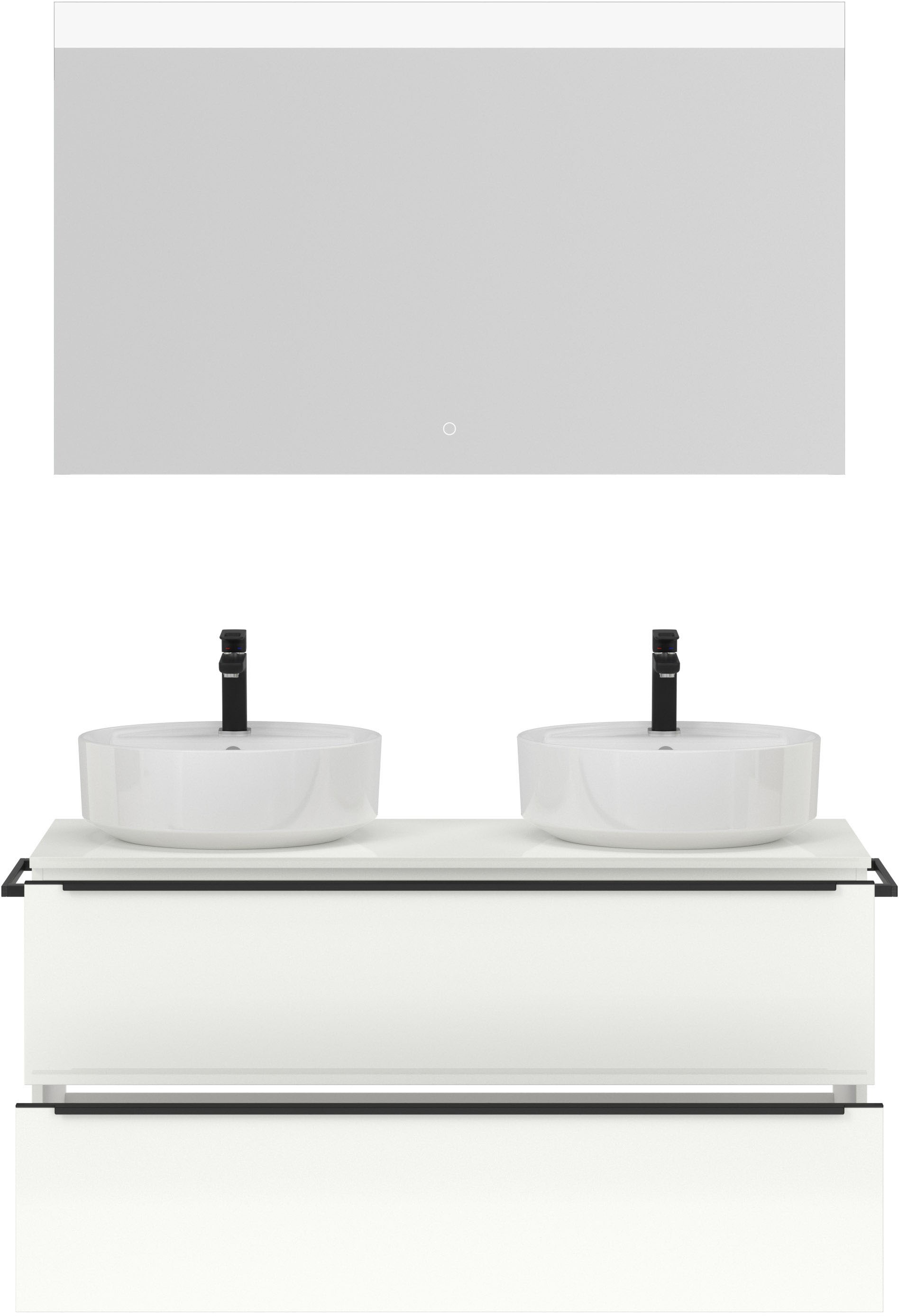 nobilia® Badmöbel-Set »Alvene«, (2 St., vormontiert, mit Soft-Close), Hochglanz, inkl. Spiegel mit Touch-Sensor, in vier Breiten