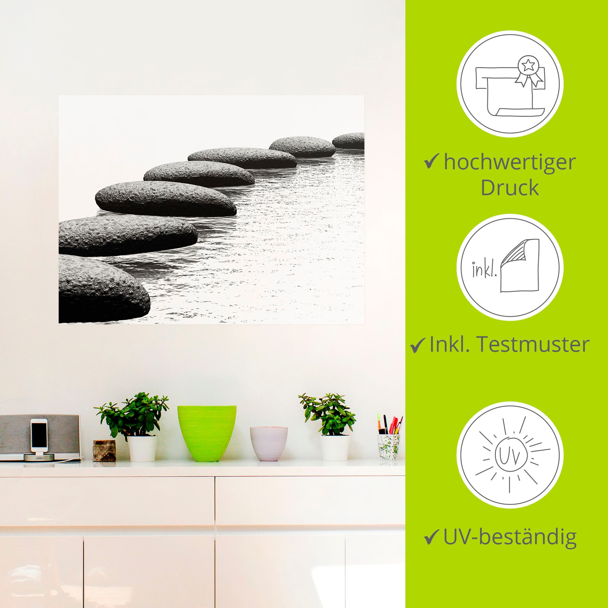 Artland Wandbild »Ein Kiesel auf einem Hintergrund«, Gewässer, (1 St.), als Alubild, Outdoorbild, Leinwandbild, Wandaufkleber, versch. Größen