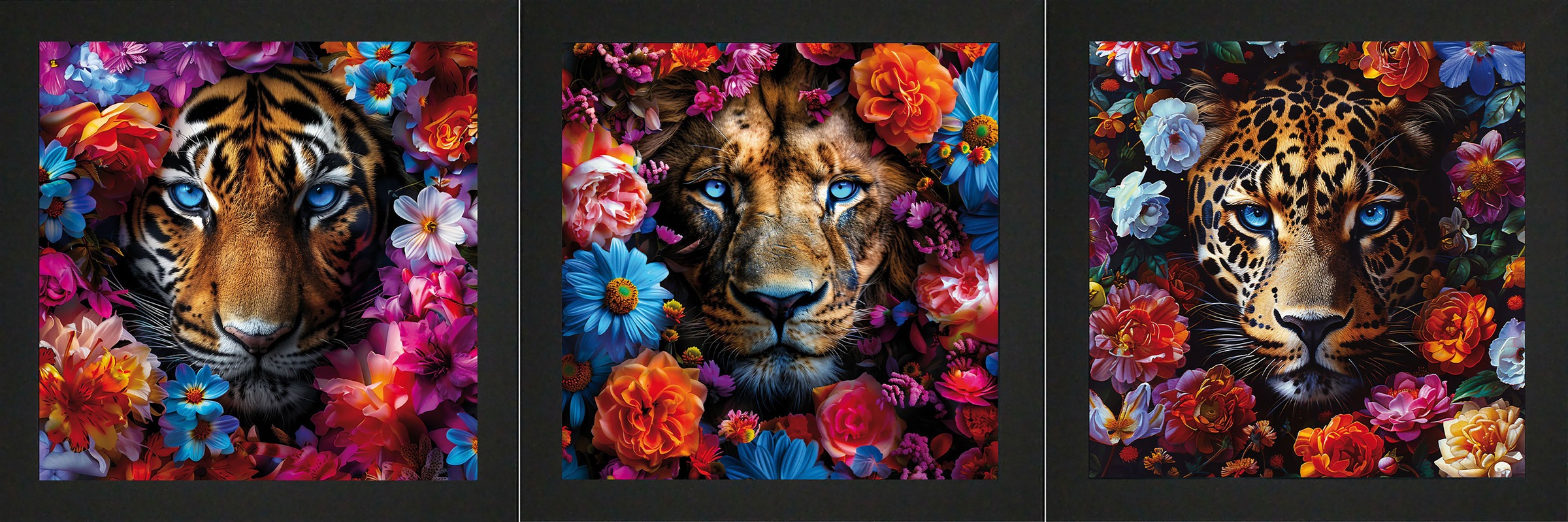 Bönninghoff Bild mit Rahmen, Tiger-Löwen-Raubkatzen-Blumen-Blumenbilder-Kunst-Tiere, (3 St.)