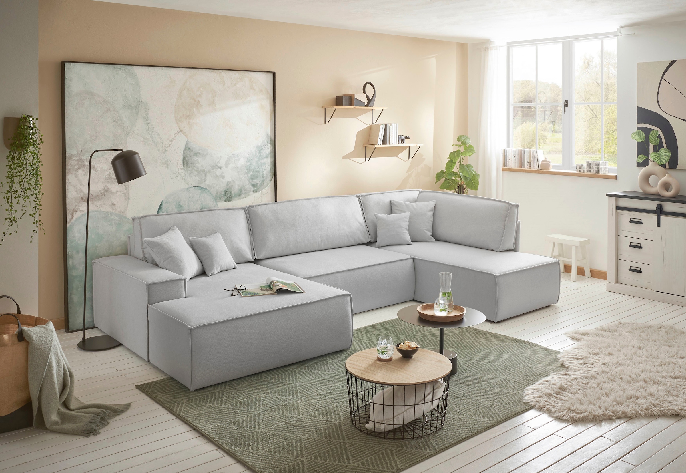 andas Wohnlandschaft »FINNLEY U-Form XXL 329 cm, Schlafsofa, Schlaffunktion m. Bettkasten«, (194/139 cm), Bouclé, Struktur und Cord