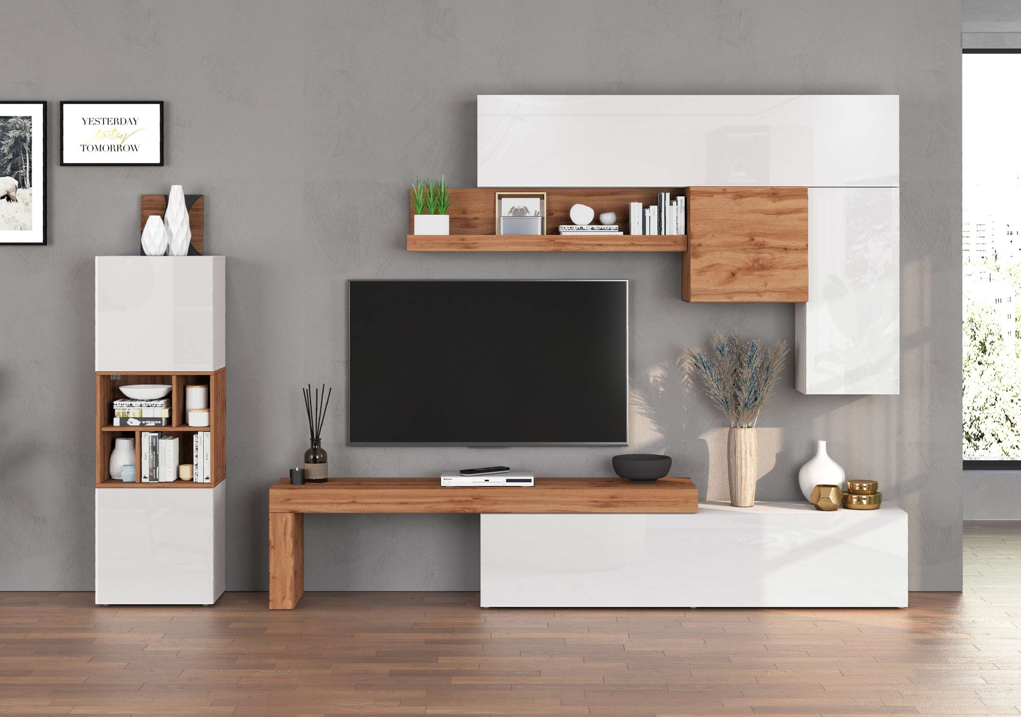 INOSIGN Wohnwand »Chronos Wohnwand, Medienwand, 8-er set«, (Set, 8 St.), ca. 320 cm mit Hängeschränke, Würfel, Regal, Lowboard, Made in Italy