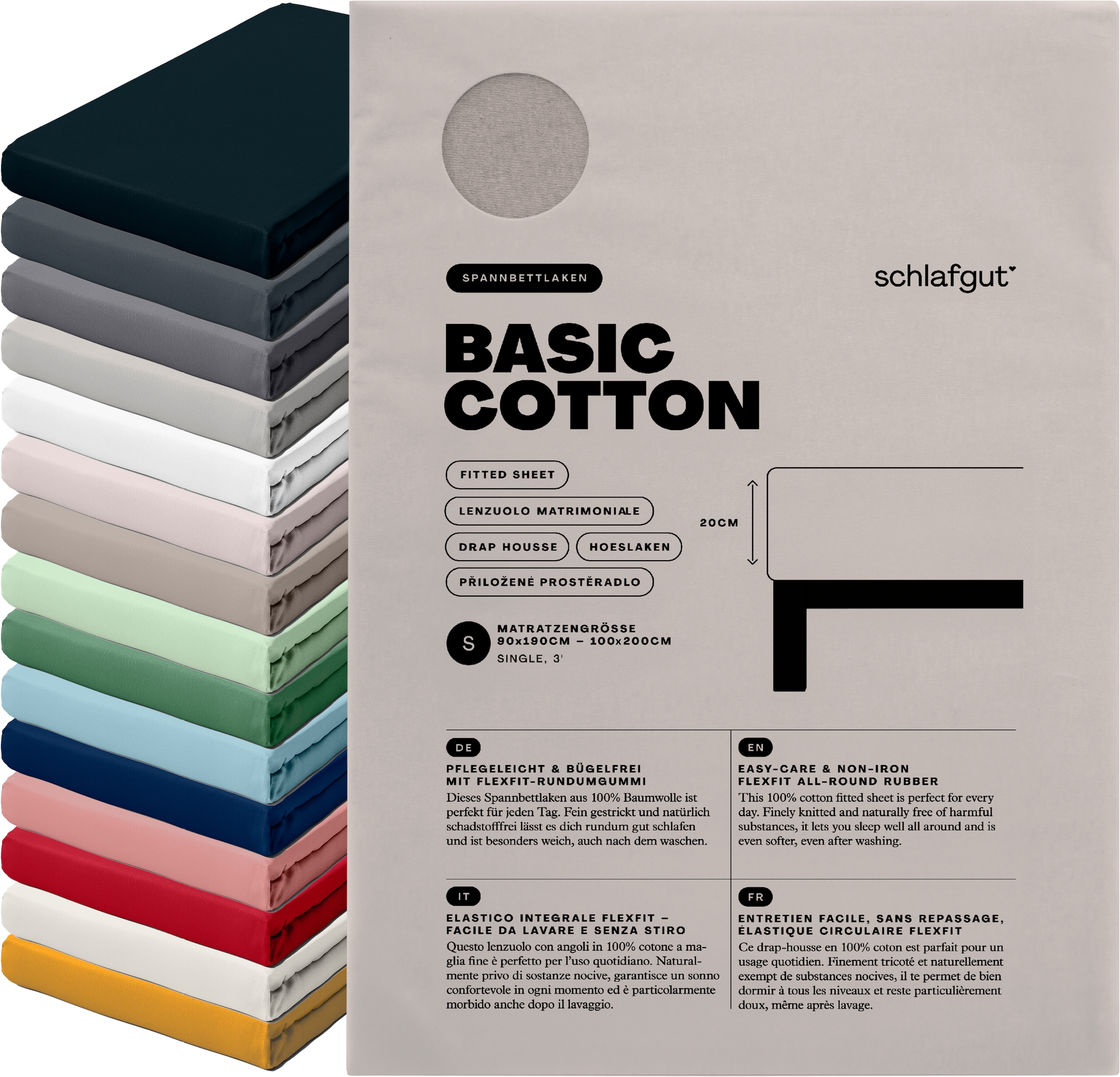 Schlafgut Spannbettlaken »Basic Cotton Bettlaken, 160 g/m², 100% Baumwolle, Spannbetttuch« Spannbettlaken bis 20 cm Matratzenhöhe, bügelfrei und pflegeleicht