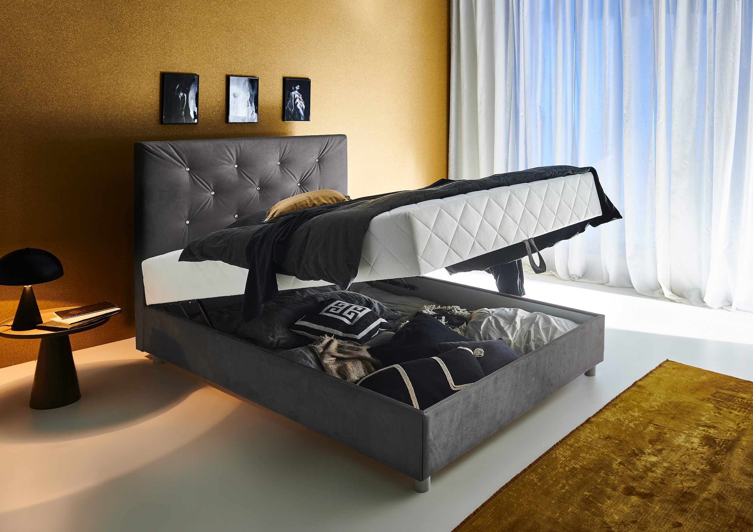 ATLANTIC home collection Boxbett »CELIA im hochwertiger Samtoptik« mit Taschen-Federkernmatratze, Bettkasten und Strass-Steinen