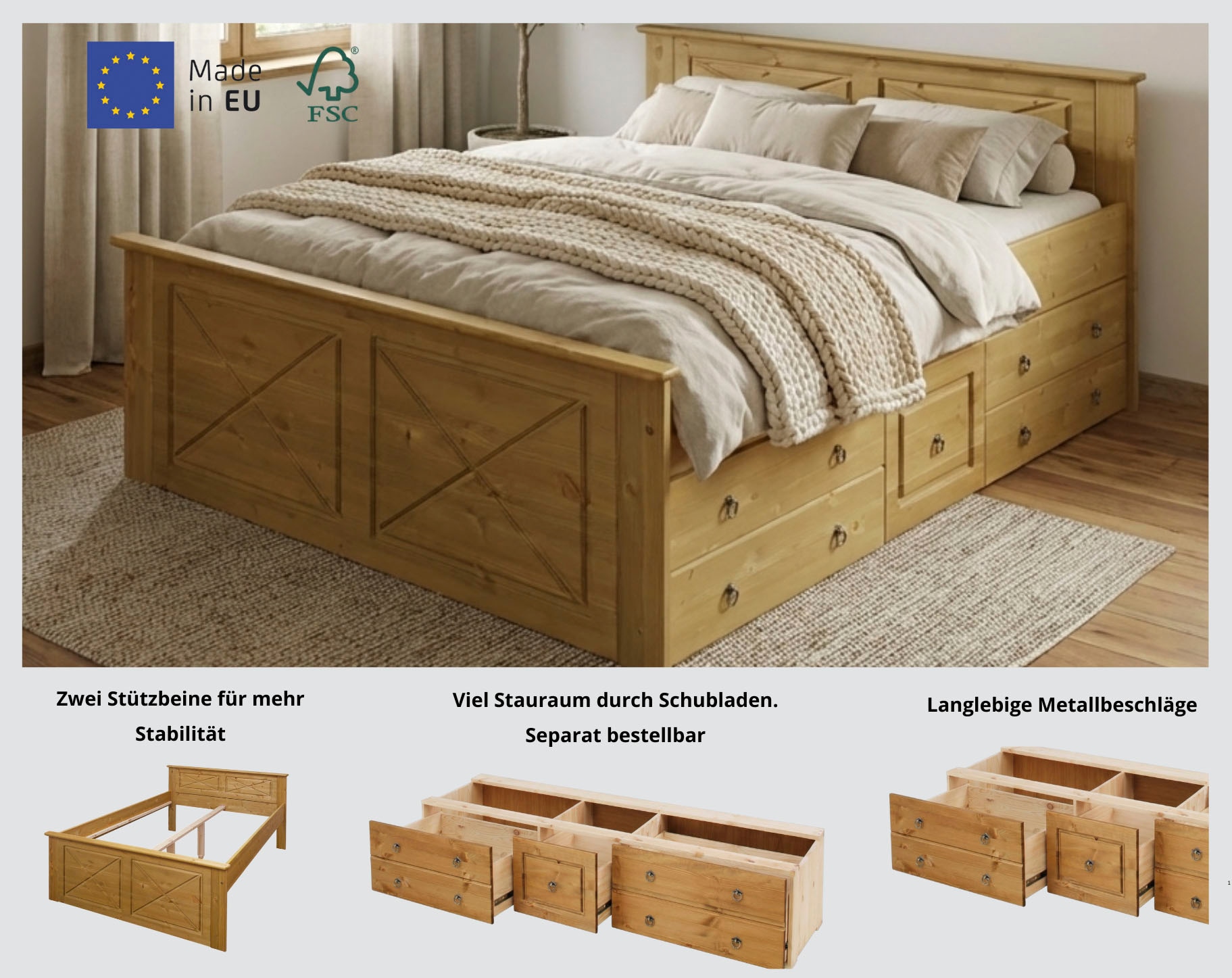 OTTO home Massivholzbett »Hugo, FSC® zertifiziertes Massivholz, optionaler Stauraum/ Bettkästen« B/T/H: 153/208/84 cm, Liegefläche  140x200,  aus massiver Kiefer, Landhaustil mit edlen Verzierungen, Made in EU