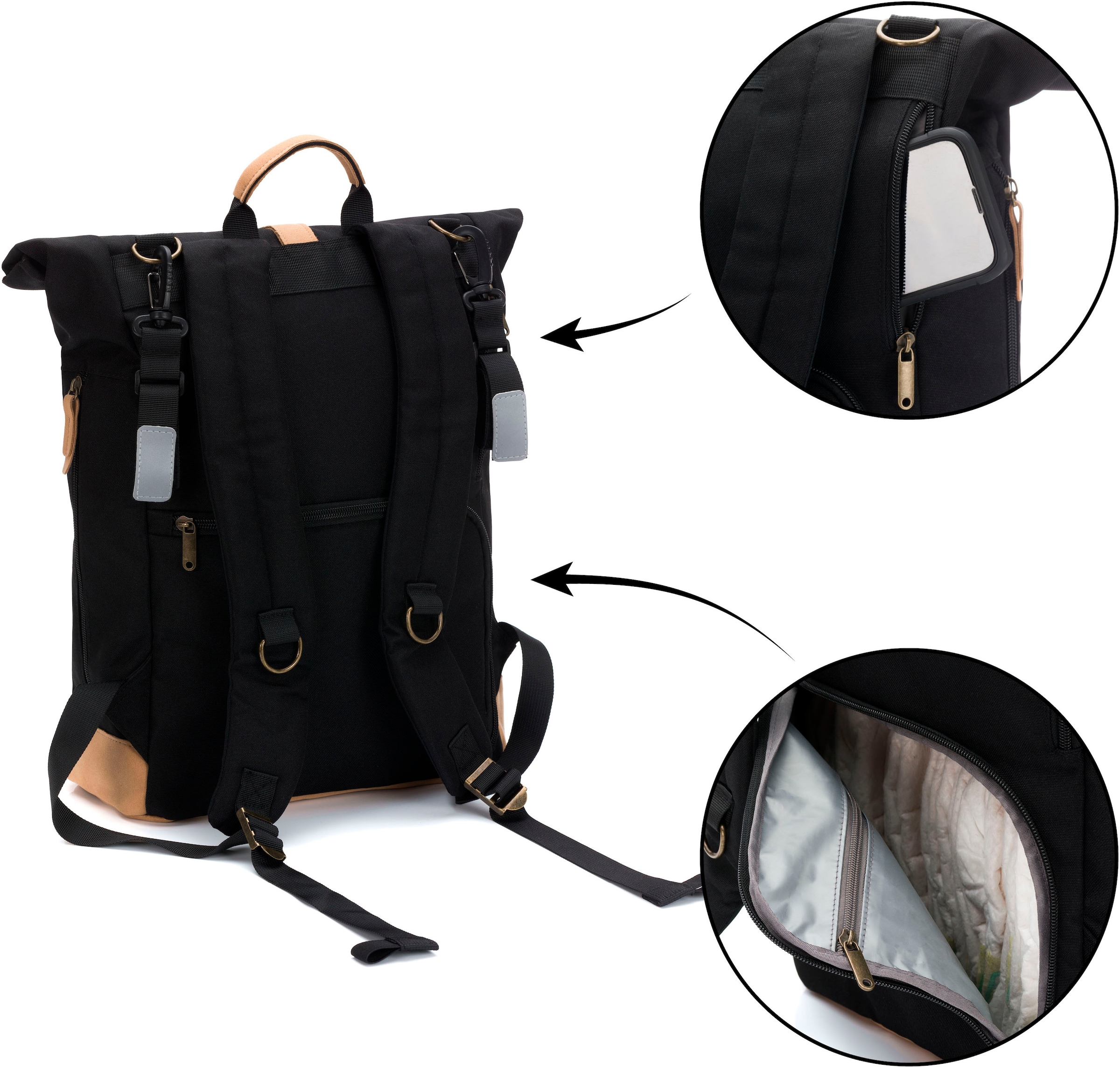 Fillikid Wickelrucksack »Rolltop Berlin schwarz«, Reflektoren, inkl. Wickeltunterlage