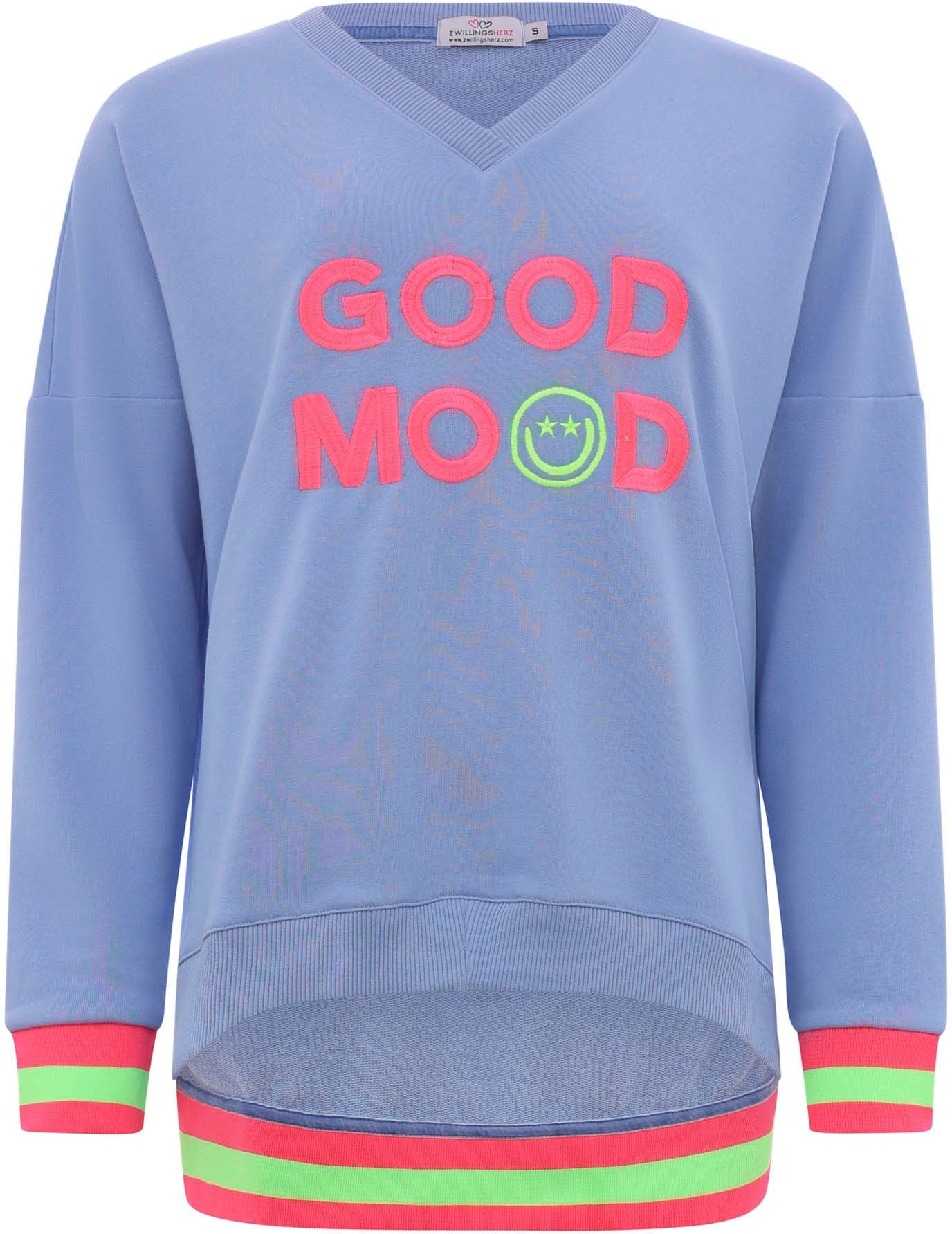 Zwillingsherz Sweatshirt »Dana«, Neon-Bündchen, V-Ausschnitt, Langarm, Front-Stickerei

