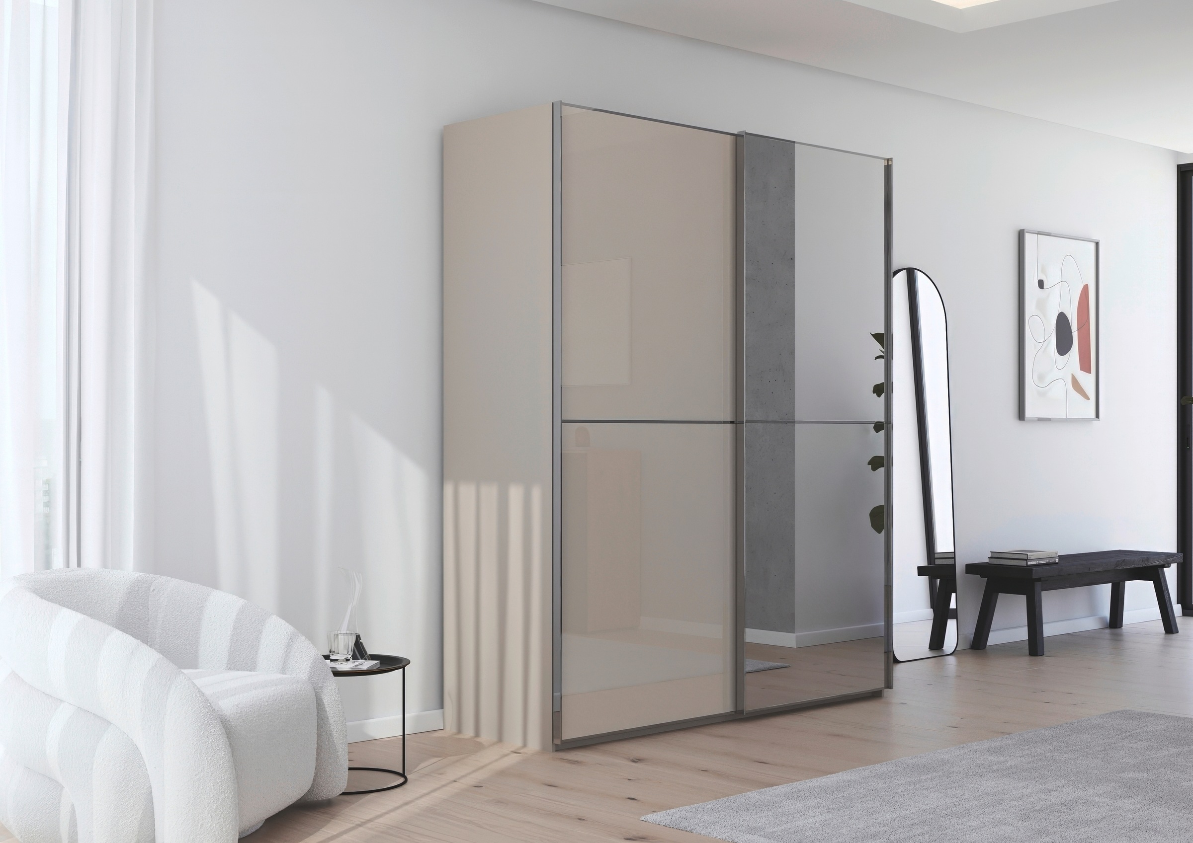 rauch Schwebetürenschrank »Kleiderschrank Schrank Garderobe Schlafzimmerschrank SCALE-DUO«, edle zweigeteilte Türen Spiegel/Glas-Mix 3 Zierleisten MADE IN GERMANY