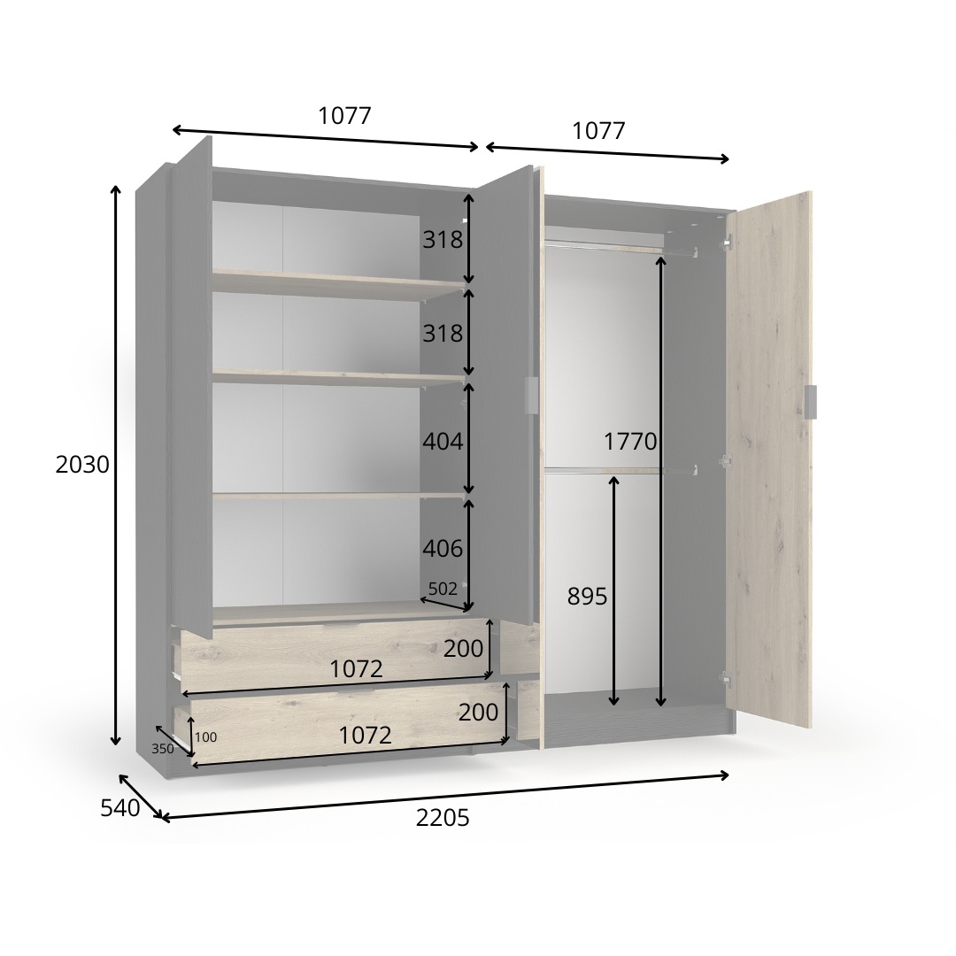 Home affaire Kleiderschrank »PERY mit Spiegel, 2 Schubladen, 4 Fächer und 2 Kleiderstangen« Garderobe mit 4 Türen und schwarzen Griffen, Maße B/T/H: 220/54/203cm
