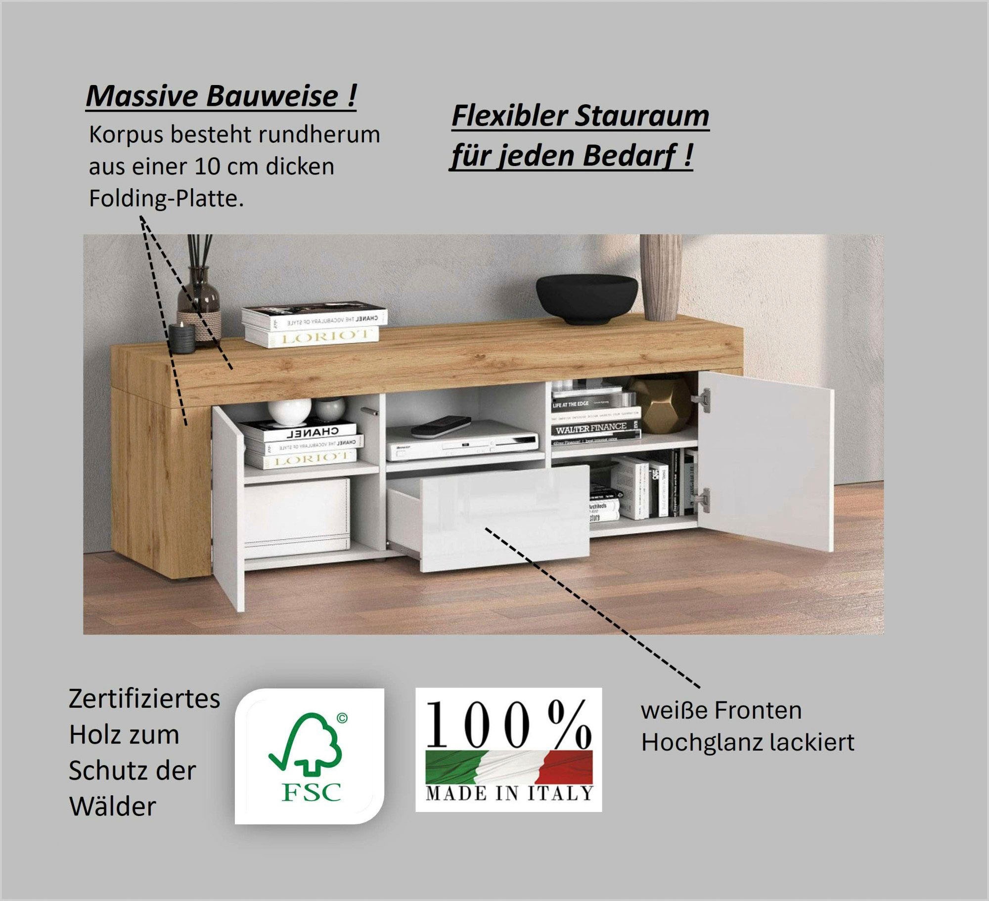INOSIGN Lowboard »CHRONOS Breite 155 cm mit 2 Türen, 1 Schublade,1 offenes Fach«, (1 St.), TV-Board, Sideboard niedrig, Grifflos mit Push to Open 'Made in Italy'