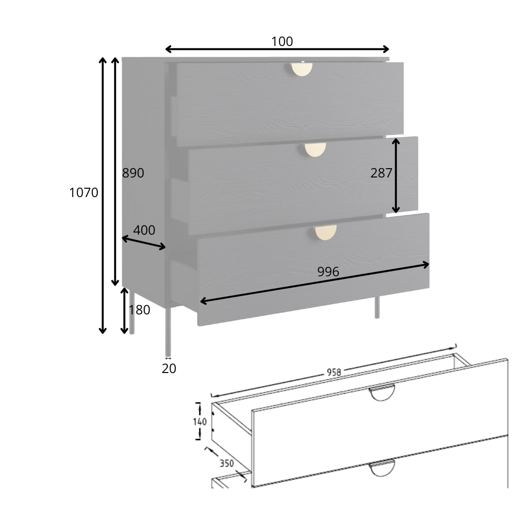 Leonique Kommode »Kommode Bellot mit 3 Schubladen und goldenen Metallgriffen«, Sideboard auf Metallfüßen, BxTxH 100x40x107 cm